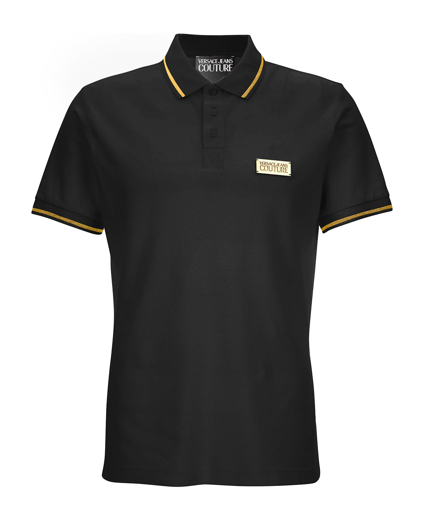 Versace Jeans Couture Black Cotton Polo Shirt With Gold Details And Logo - Black