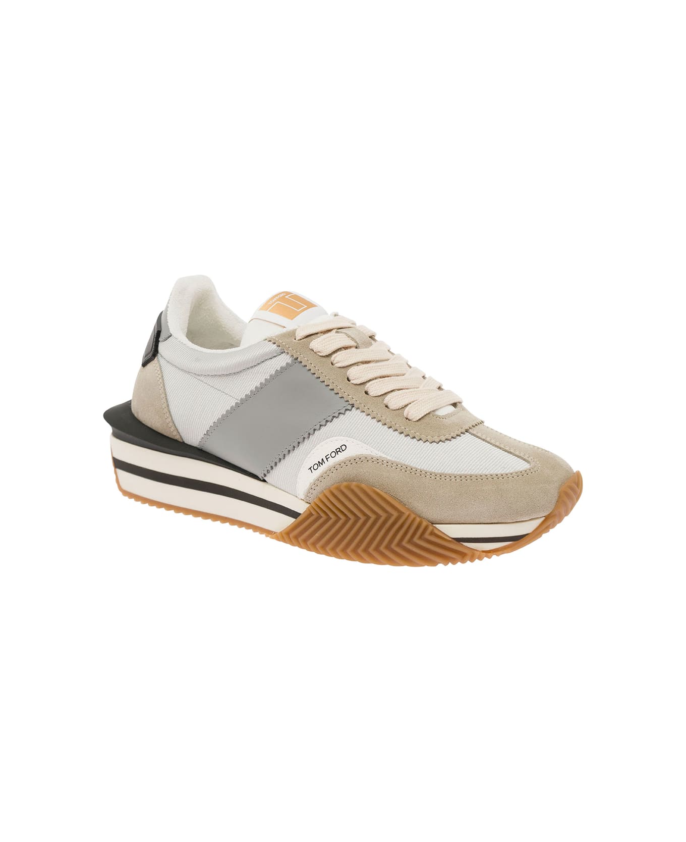 Tom Ford 'james' Beige And Silver Low Top Sneakers With Logo Detail In Lycra And Suede Man - Grey