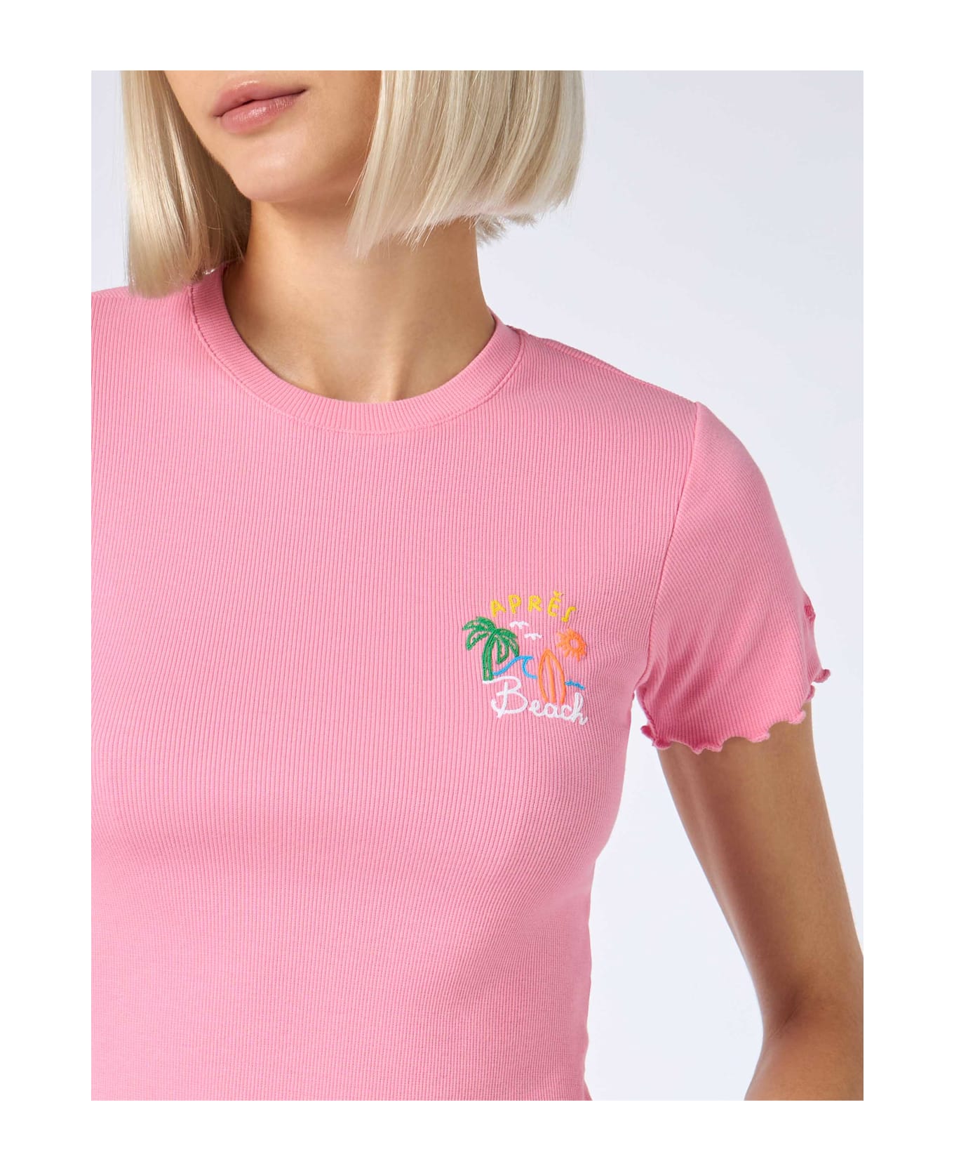 MC2 Saint Barth Woman Ribbed T-shirt With Après Beach Embroidery - PINK