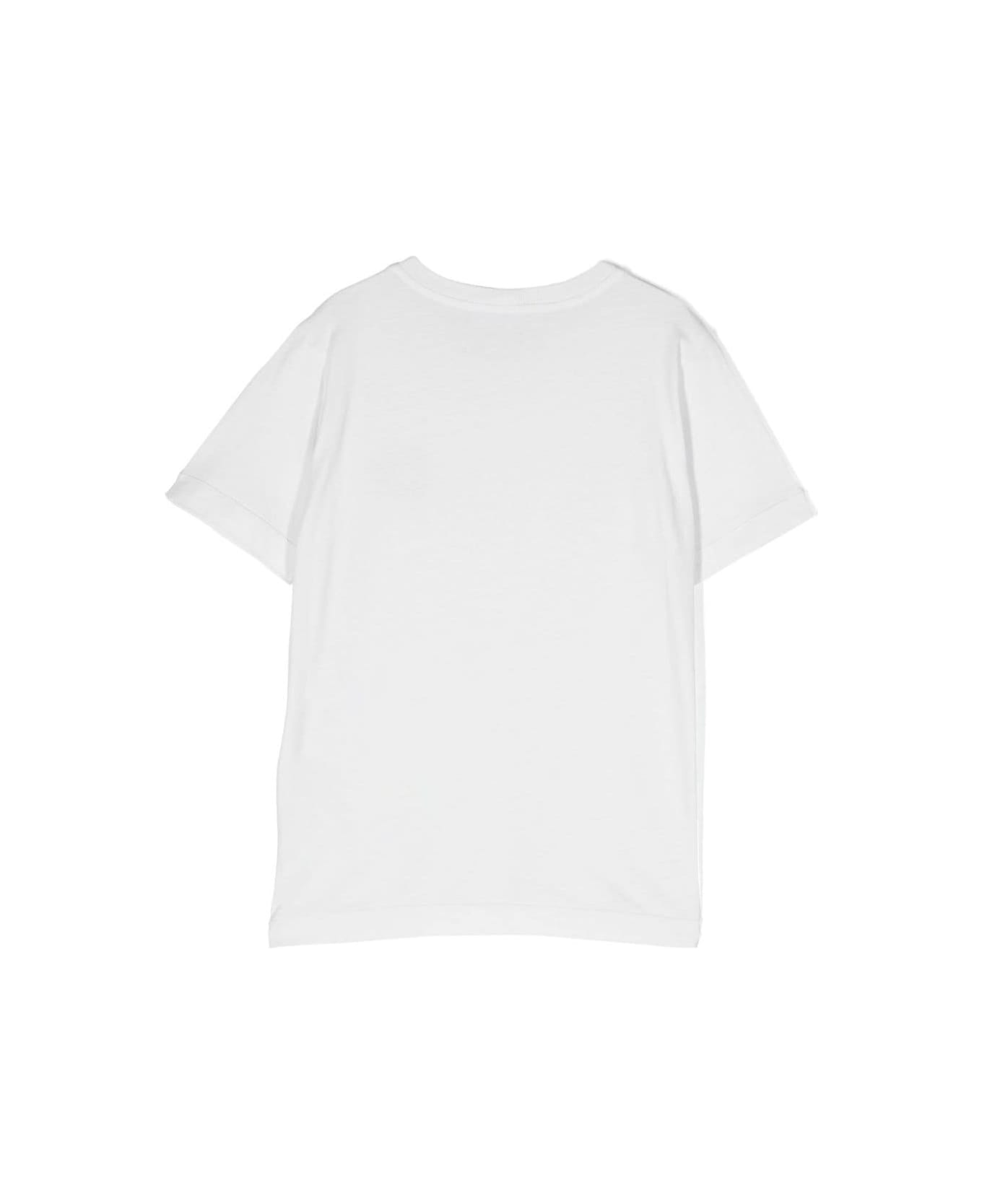 Stone Island Junior White Crewneck Short-sleeved T-shirt And Contrasting Patch Logo In Cotton Boy