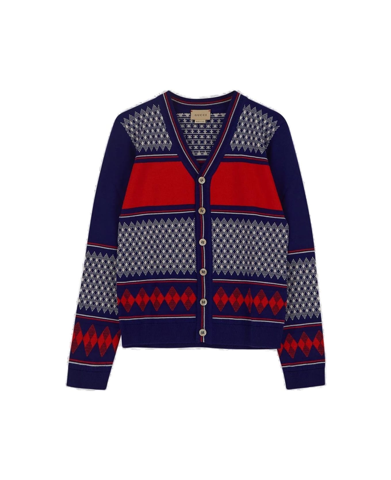 Gucci V-neck Long-sleeved Cardigan - Blue and red