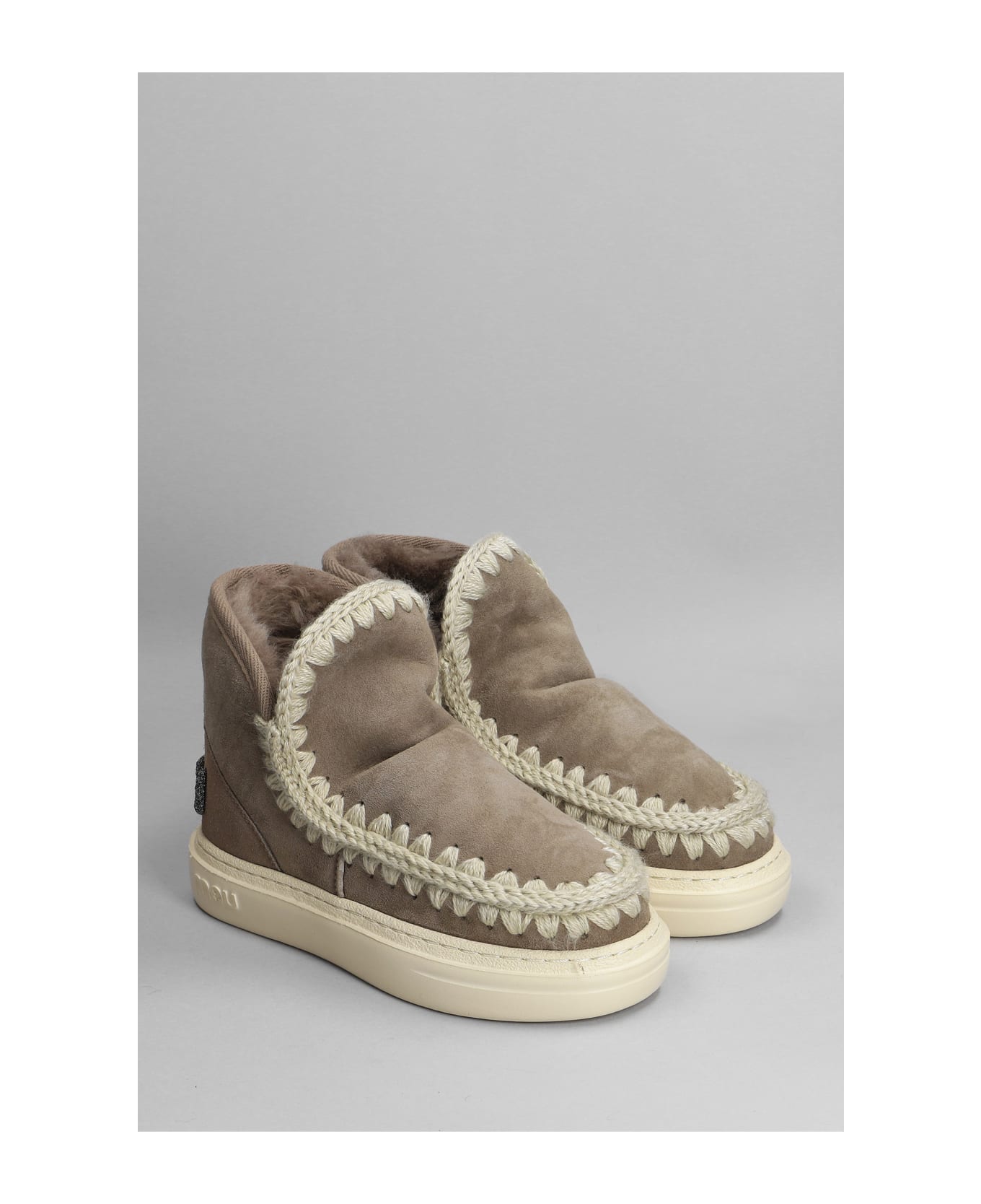 Mou Eskimo Sneaker Bold Low Heels Ankle Boots In Taupe Suede - taupe