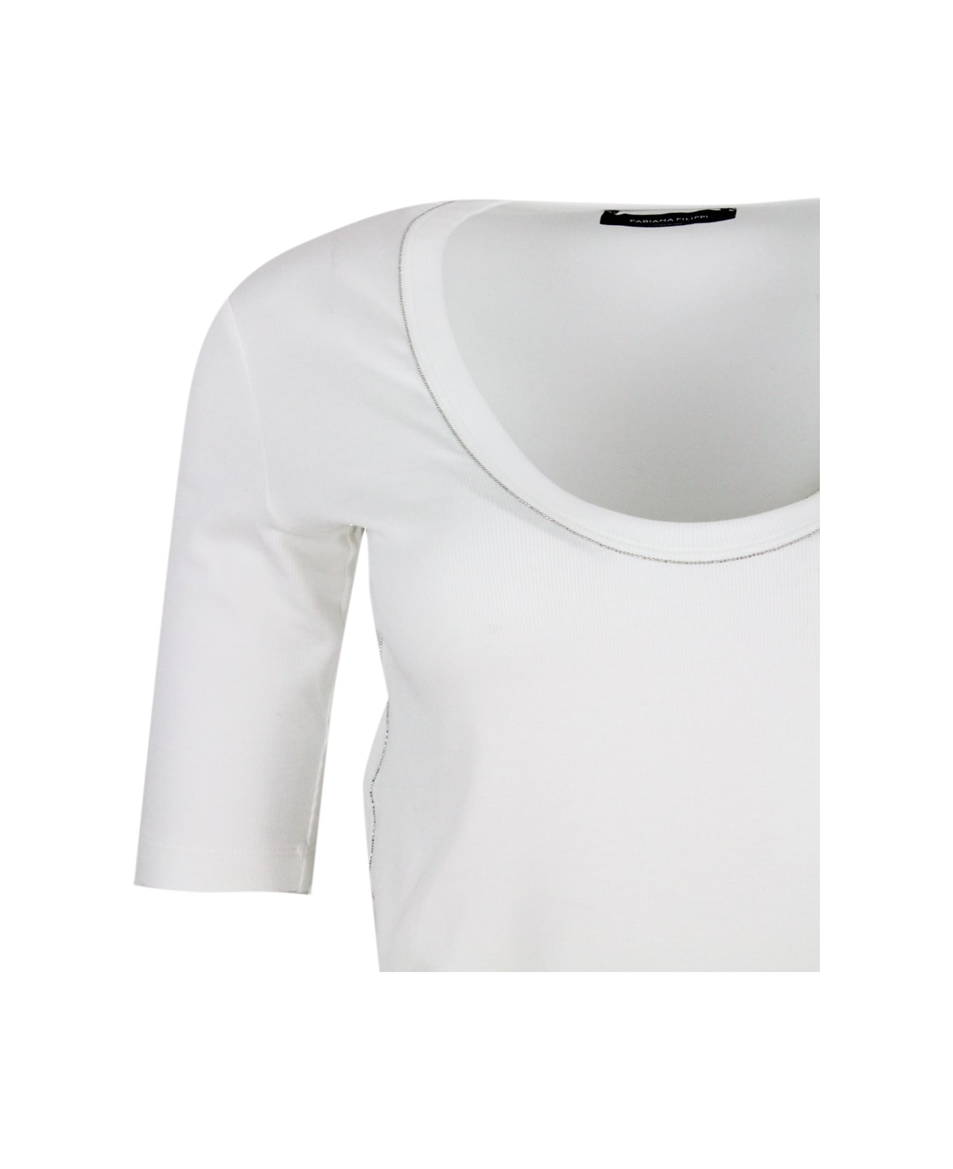 Fabiana Filippi Ribbed Cotton T-shirt With U-neck, Elbow-length Sleeves Embellished With Rows Of Monili On The Neck And Sides - WHITE