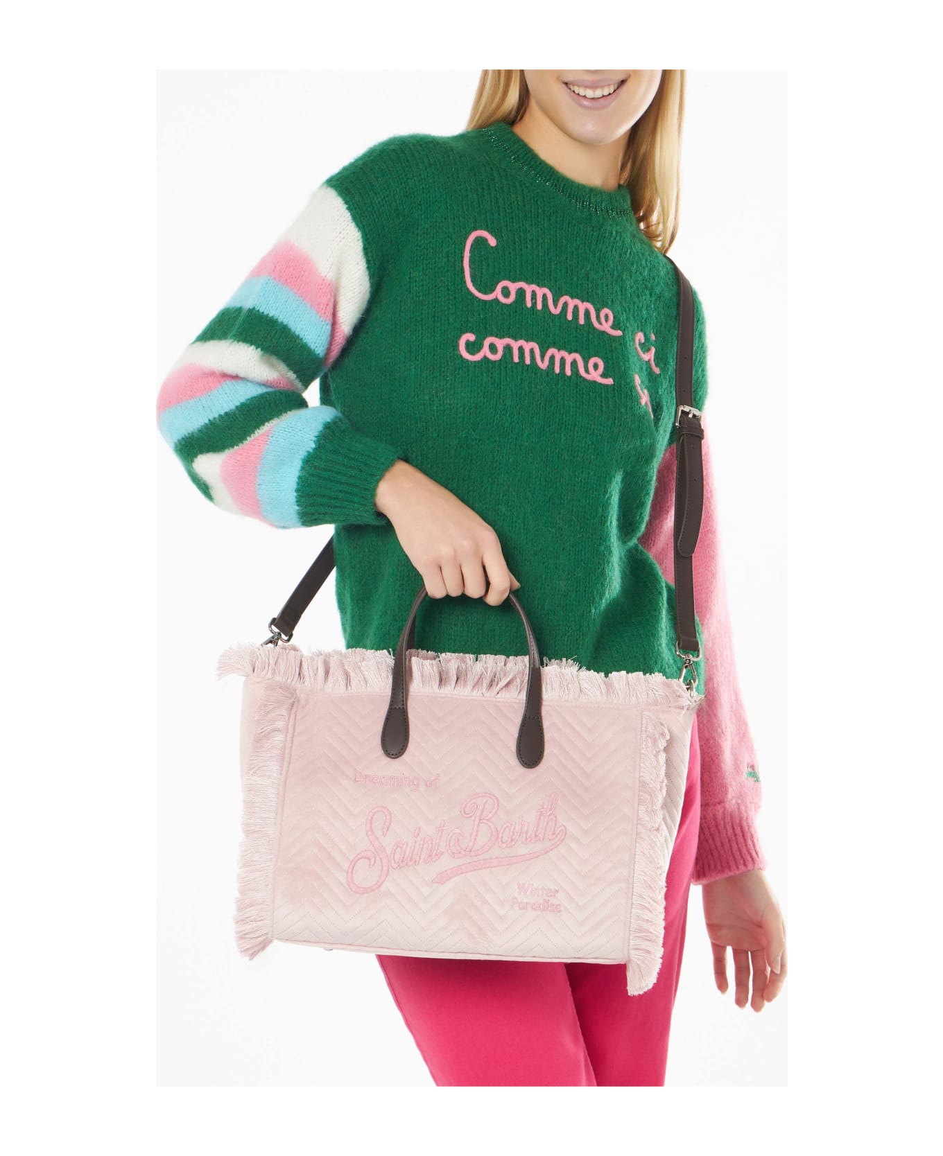 MC2 Saint Barth Velvet Quilt Pink Colette Handbag With Fringes - PINK
