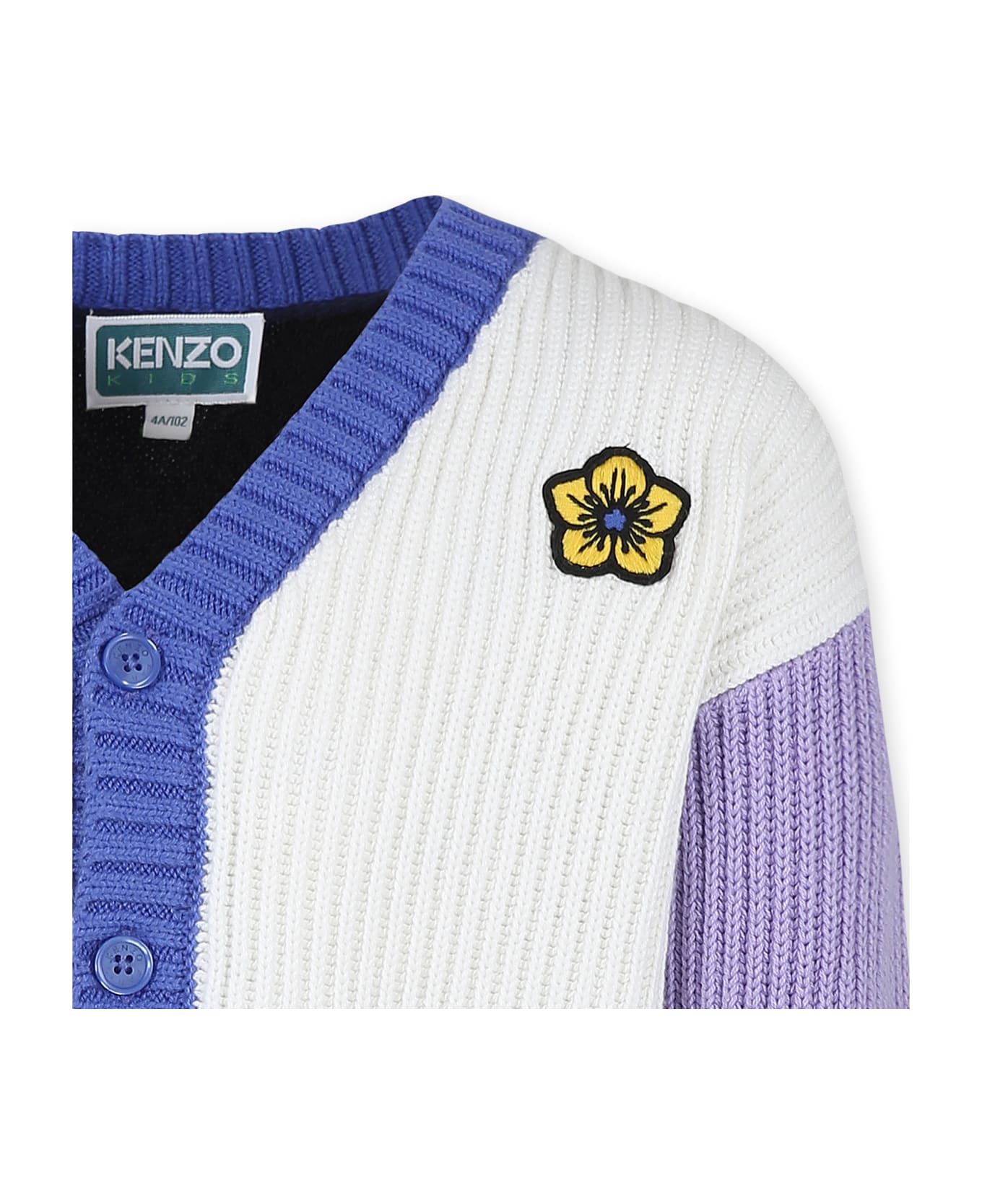 Kenzo Kids Ivory Cardigan For Girl With Flowet Motif And Tiger - Multicolor