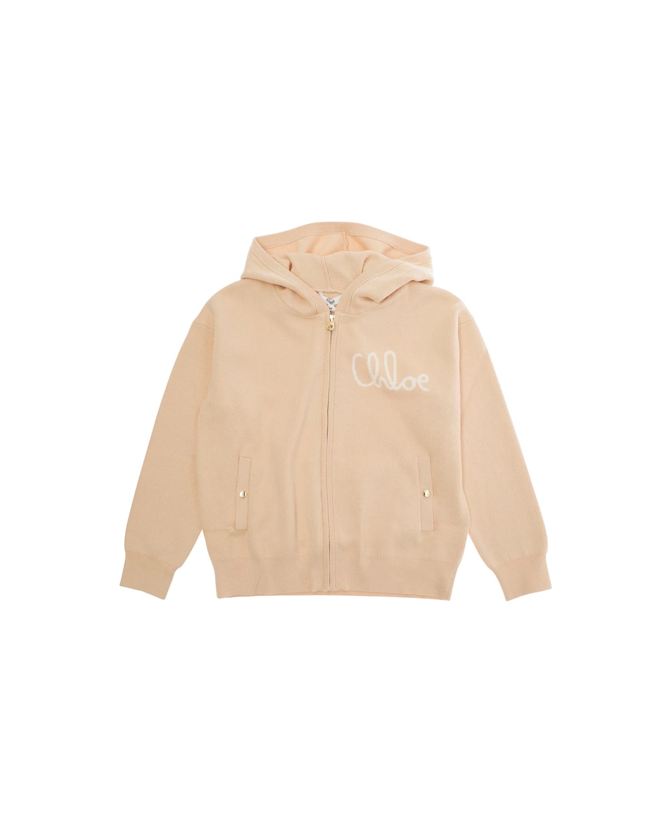 Chloé Beige Sweatshirt With Fixed Hood And Logo Lettering On The Front In Cotton Blend Girl - Beige
