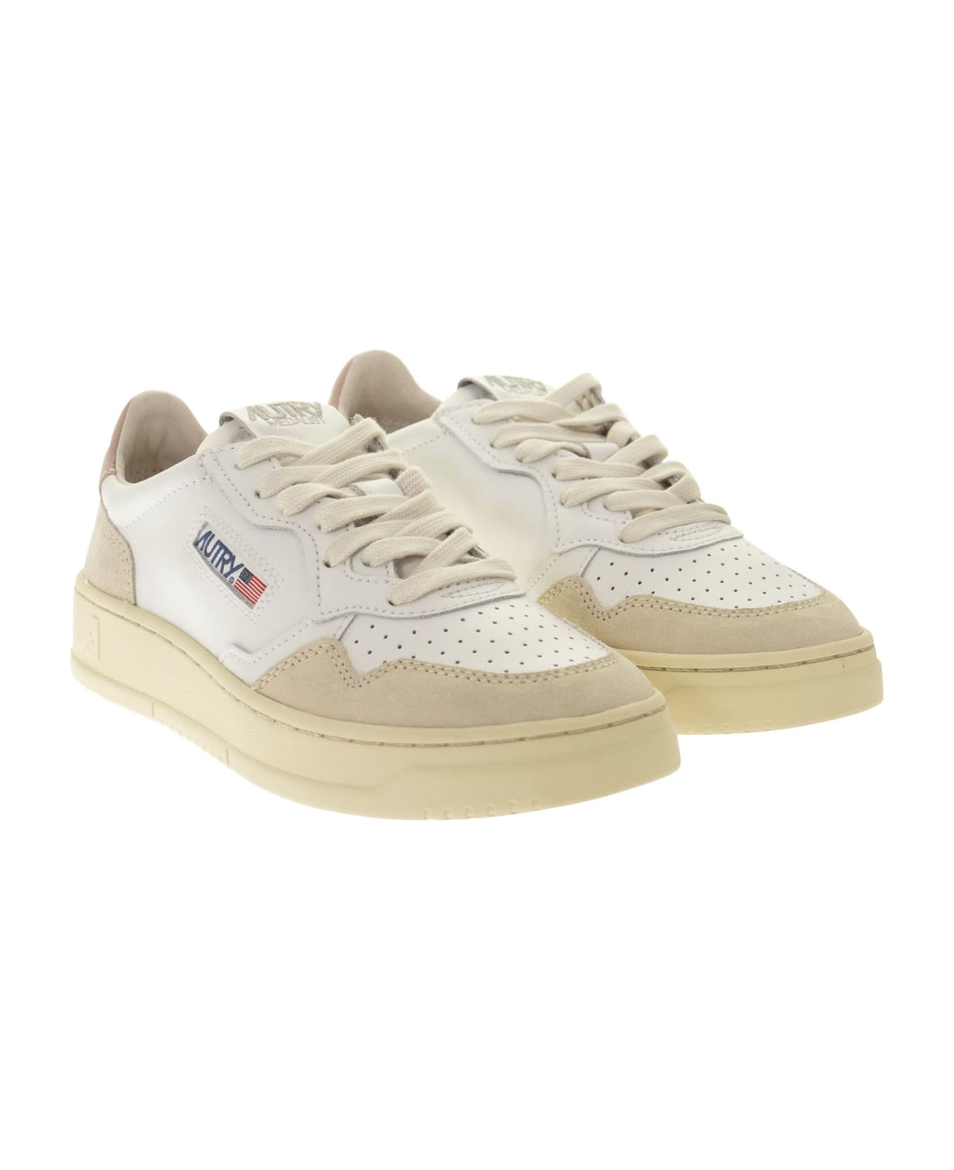 Autry Medalist Low - Leather And Suede Sneakers - White/pink/beige