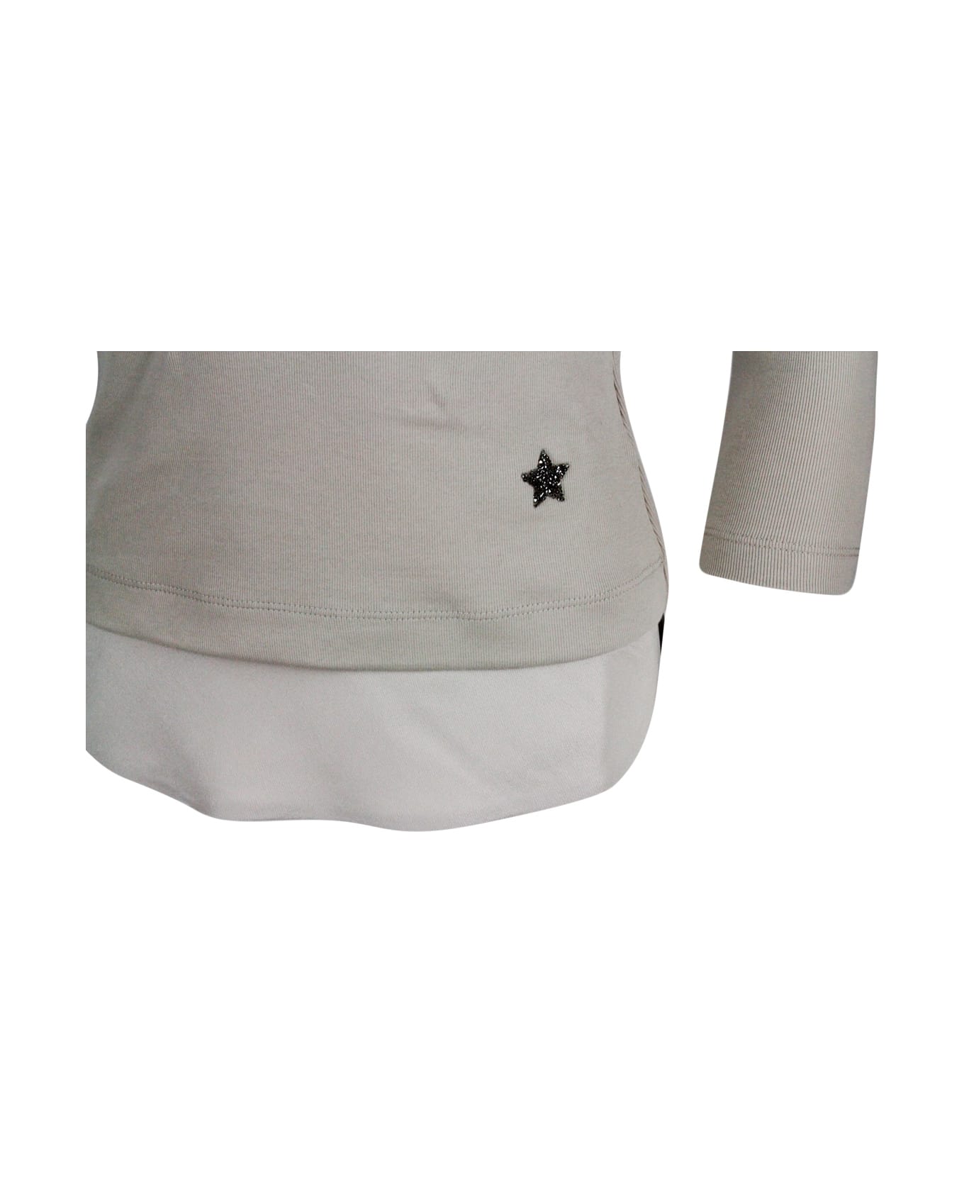 Lorena Antoniazzi Ribbed Crew-neck Short-sleeved Cotton T-shirt With Swarosky Star And Silk Insert On The Bottom - Beige