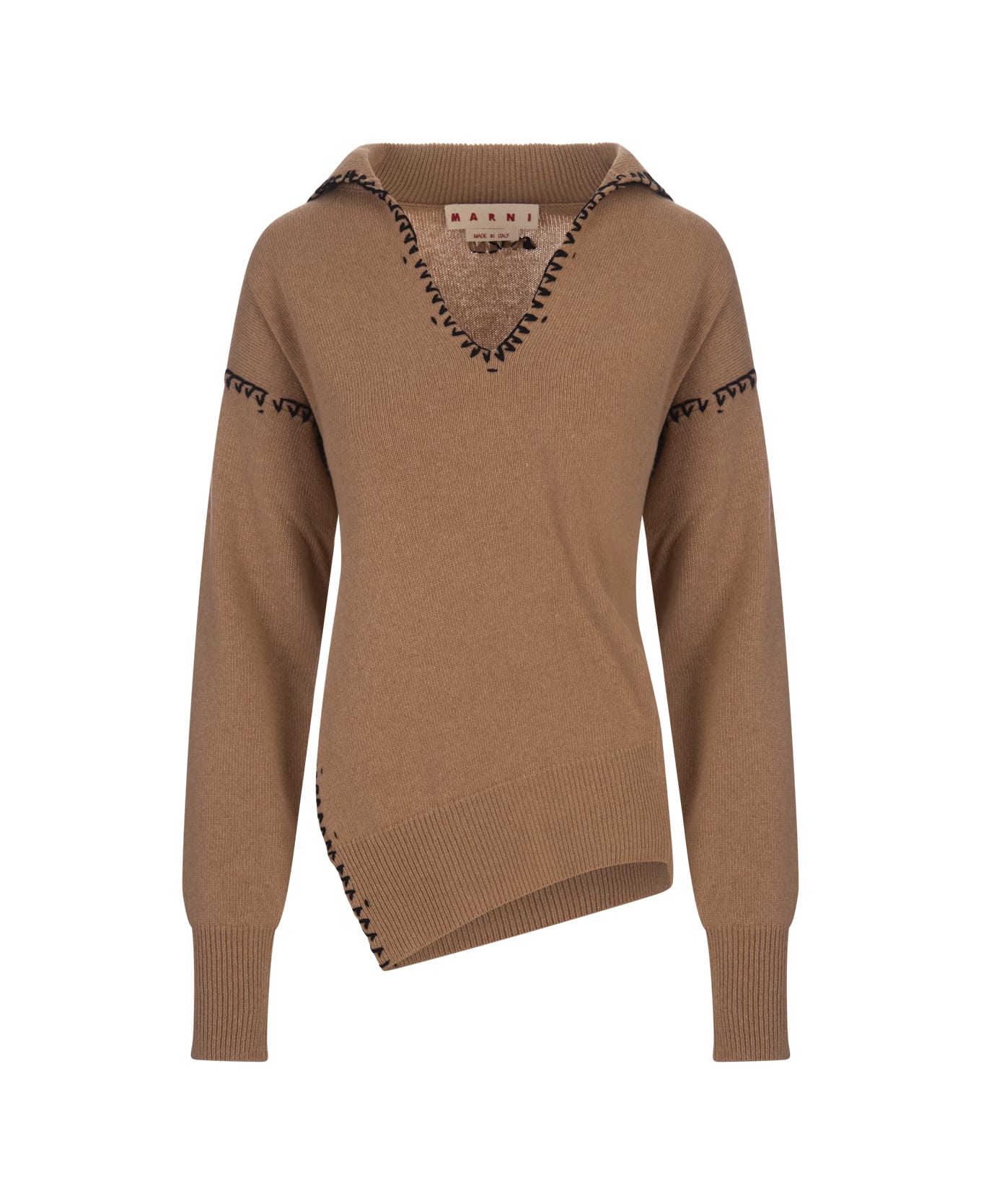 Marni Camel Hooded Sweater With Contrast Stitching - Brown