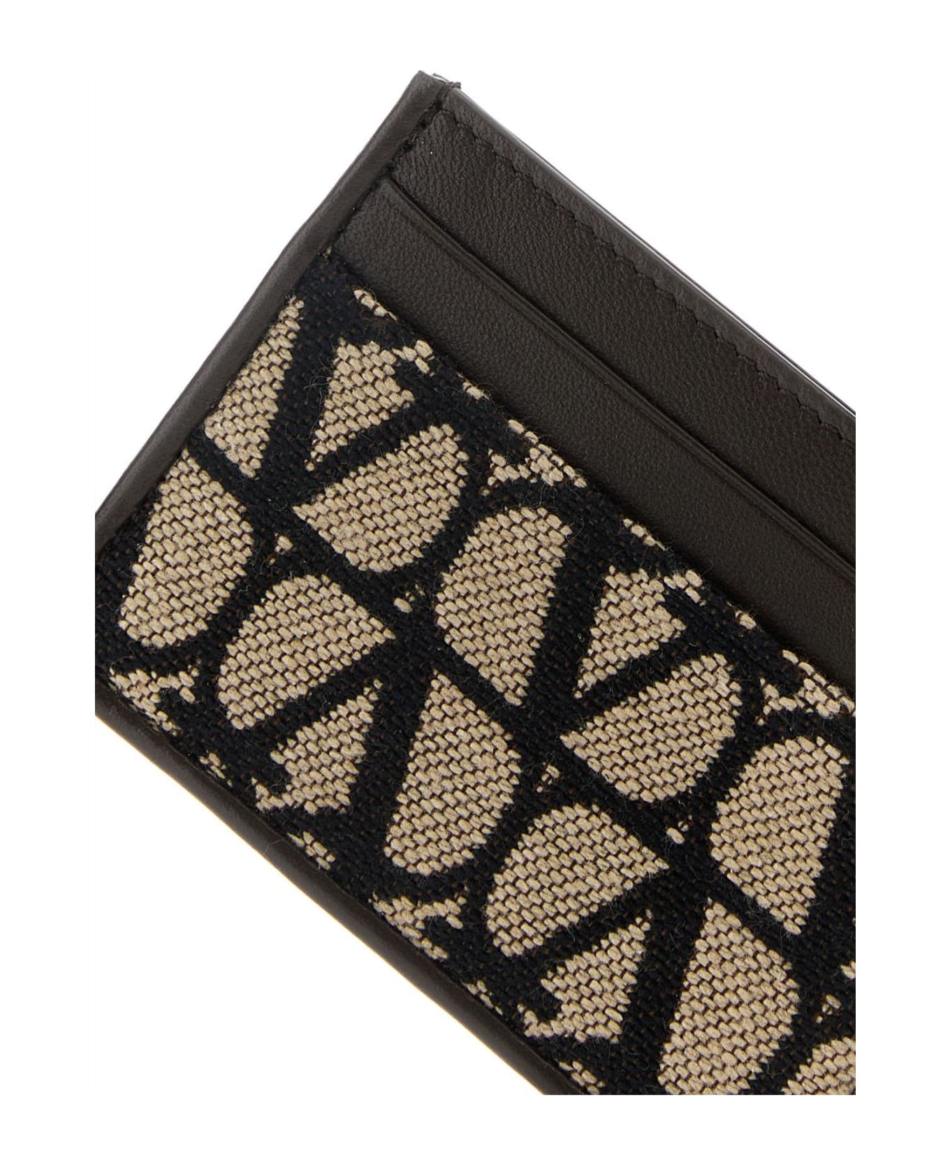 Valentino Garavani Leather And Toile Iconographe Card Holder - NATURALENEROFONDANT