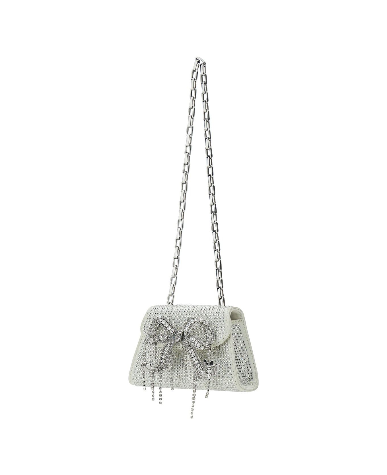self-portrait Micro White Shoulder Bag With Bow Detail And All-ovcer Crystals In Tech Fabric Woman - White