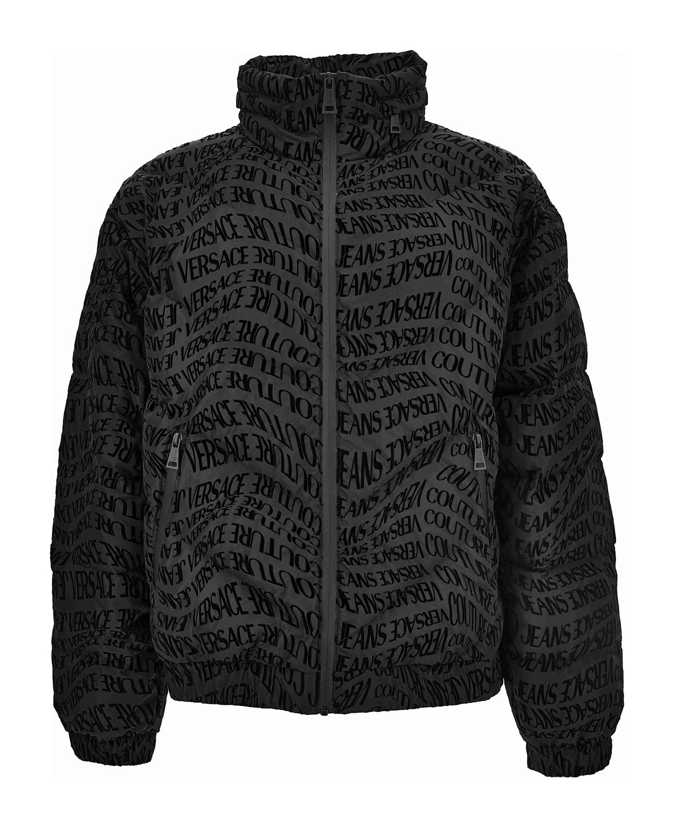 Versace Jeans Couture Men S Short Down Jacket With All-over Logo - Black
