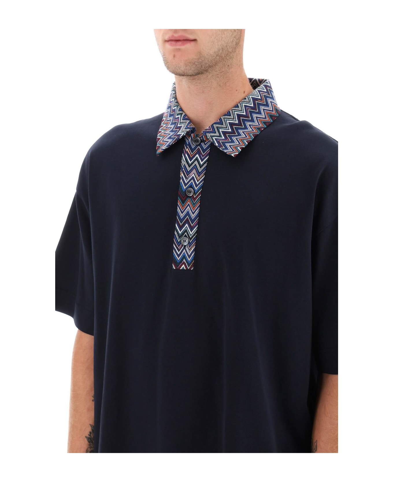 Missoni Oversized Polo Shirt With Herringbone Details - Be Navy And Blu/bluette ポロシャツ