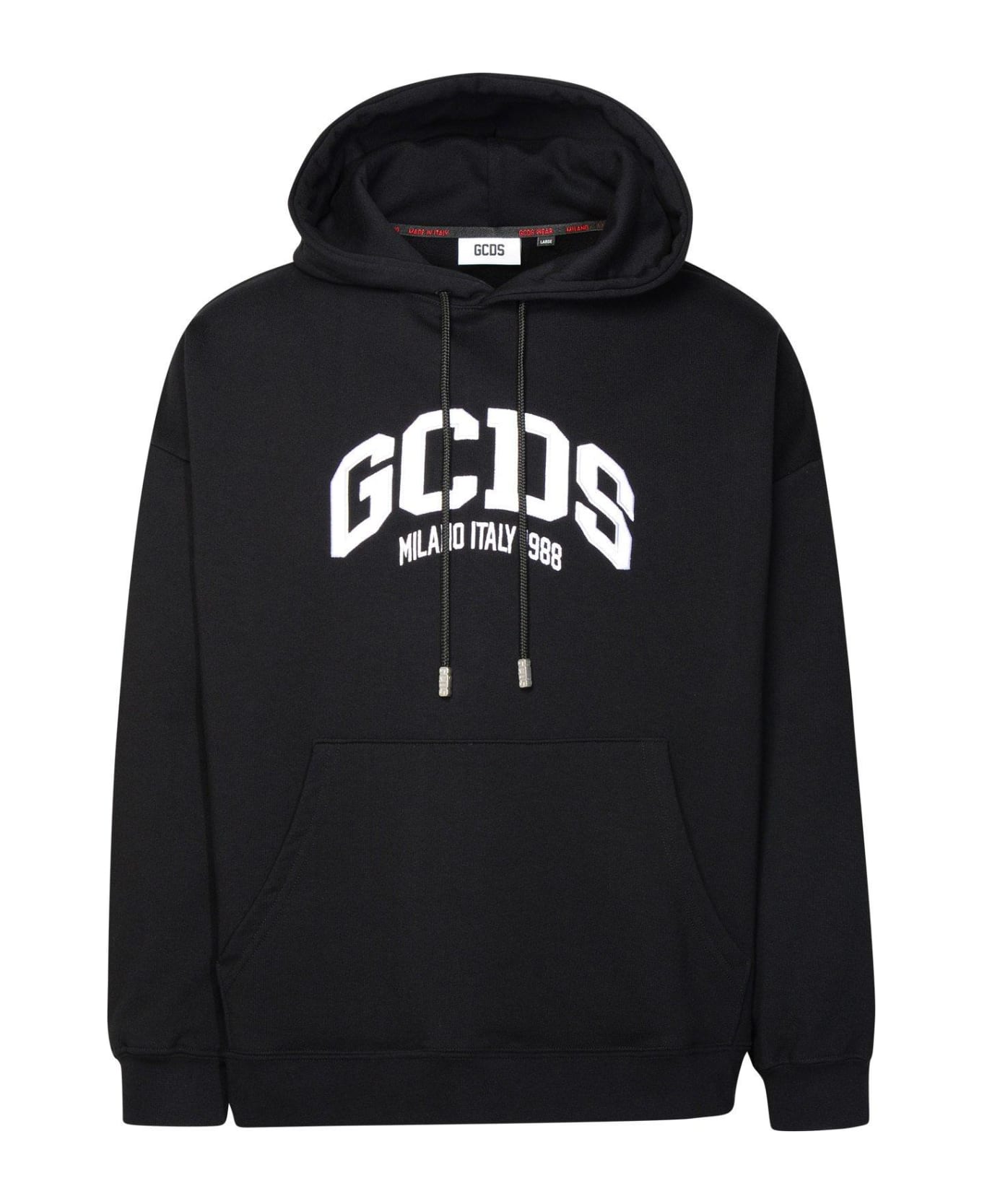 GCDS Flocked Logo Drawstring Hoodie - BLACK/WHITE