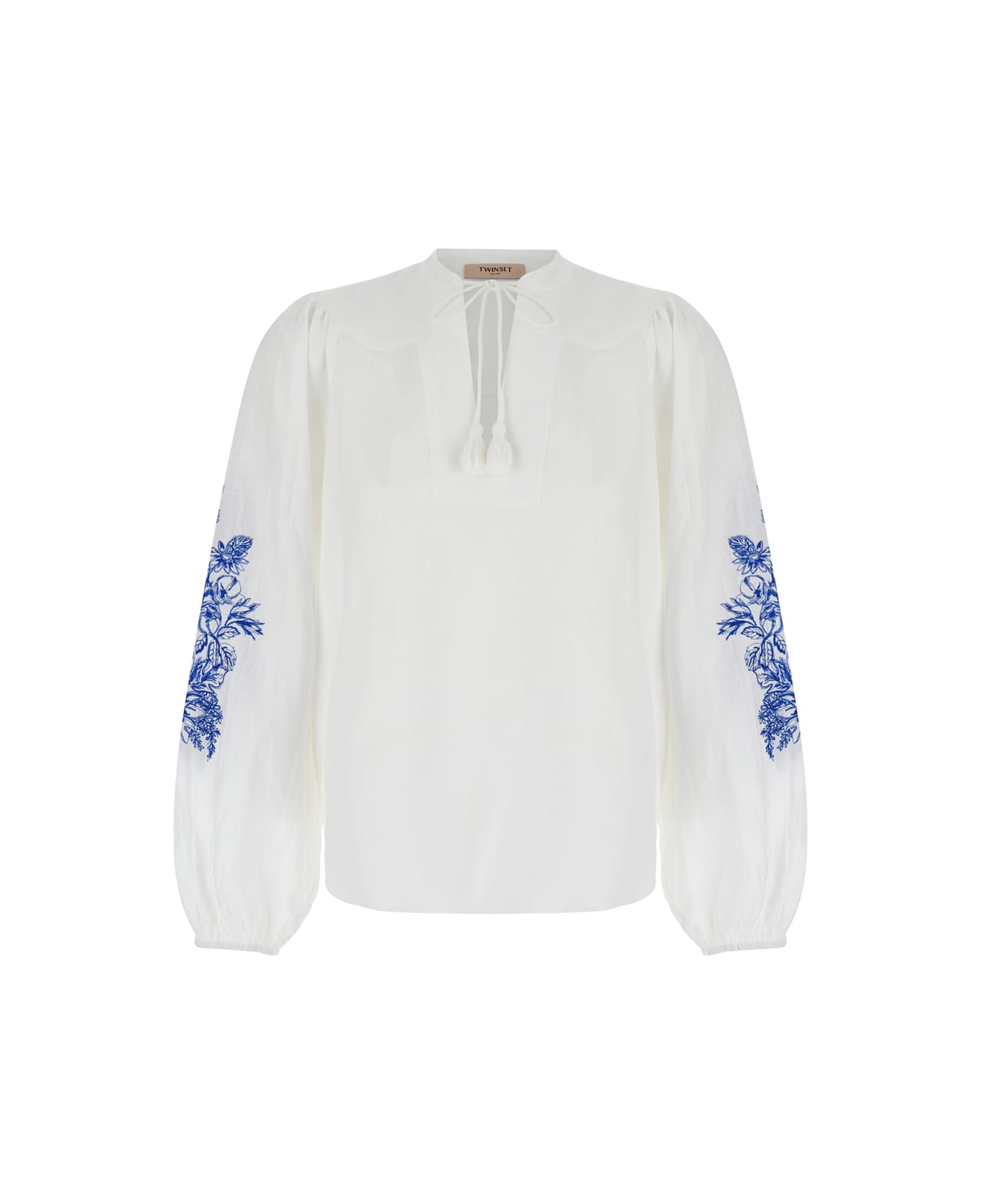 TwinSet White Blouse With Drawstring And Floreal Embroideries In Linen Woman - Multicolor