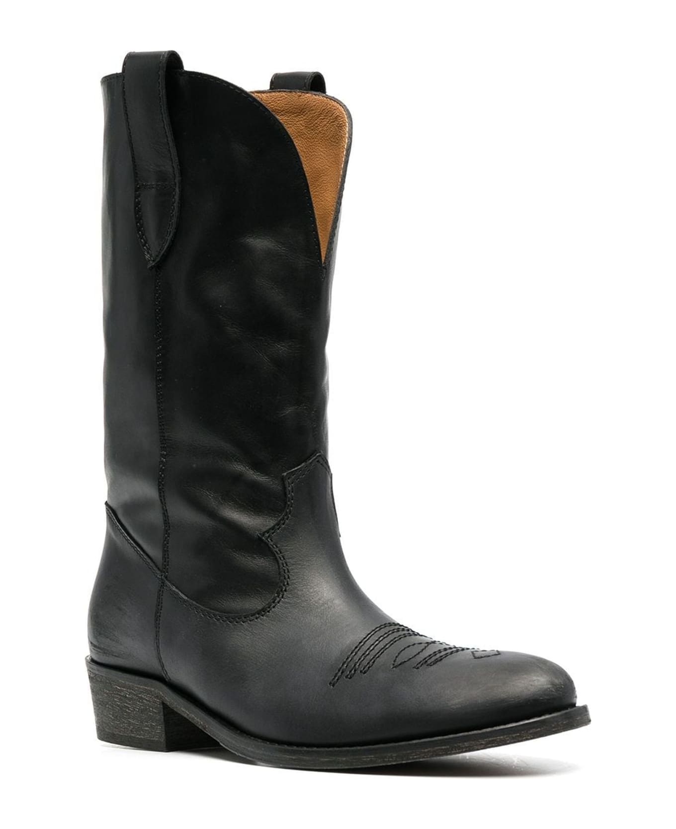 Via Roma 15 Black Calf Leather Cowboy Boots - Black ブーツ