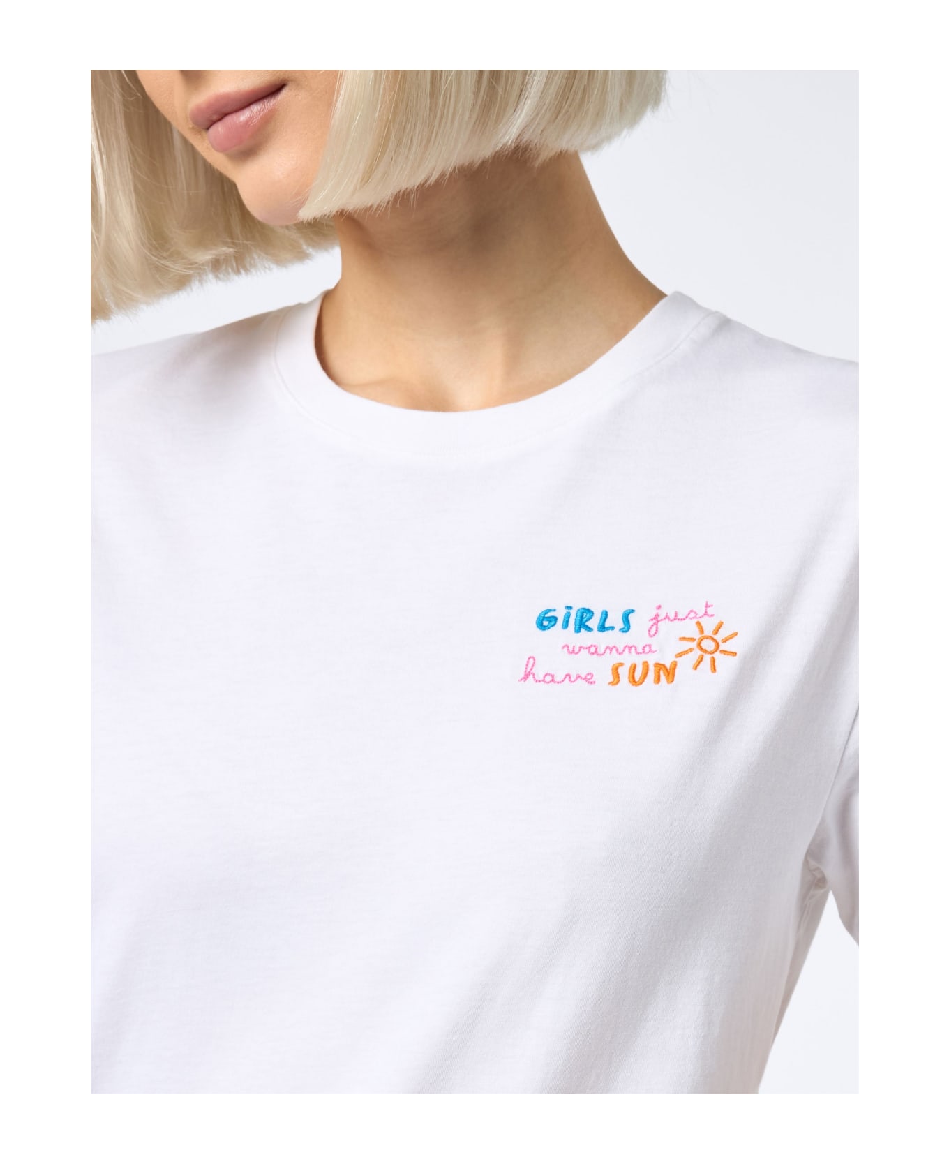 MC2 Saint Barth Woman Cotton Jersey Crewneck T-shirt Emilie With Girls Just Wanna Have Sun Embroidery - WHITE