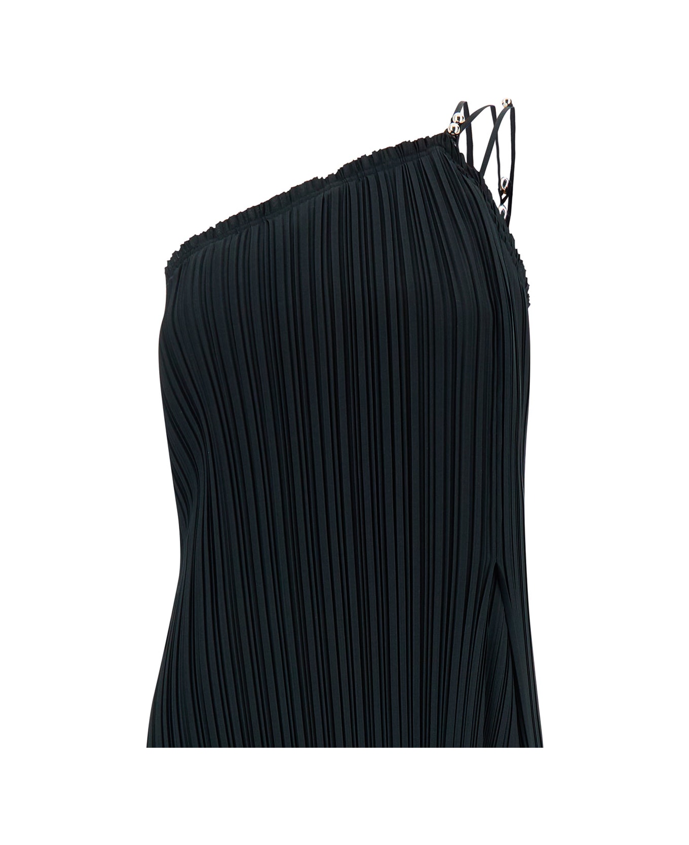 Lanvin Maxi Black One-shoulder Pleated Dress With Beads In Crêpe De Chine Woman - Black ワンピース＆ドレス