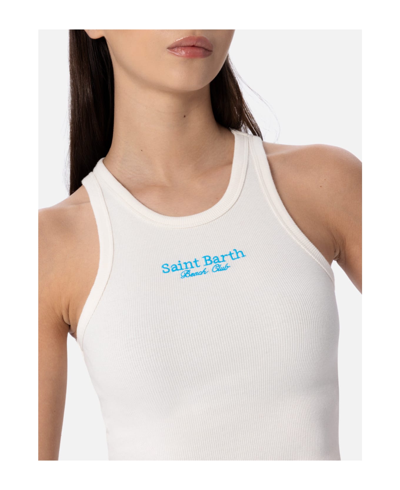 MC2 Saint Barth Woman Rib-knit Cotton Crop Tank With Saint Barth Beach Club Embroidery - WHITE