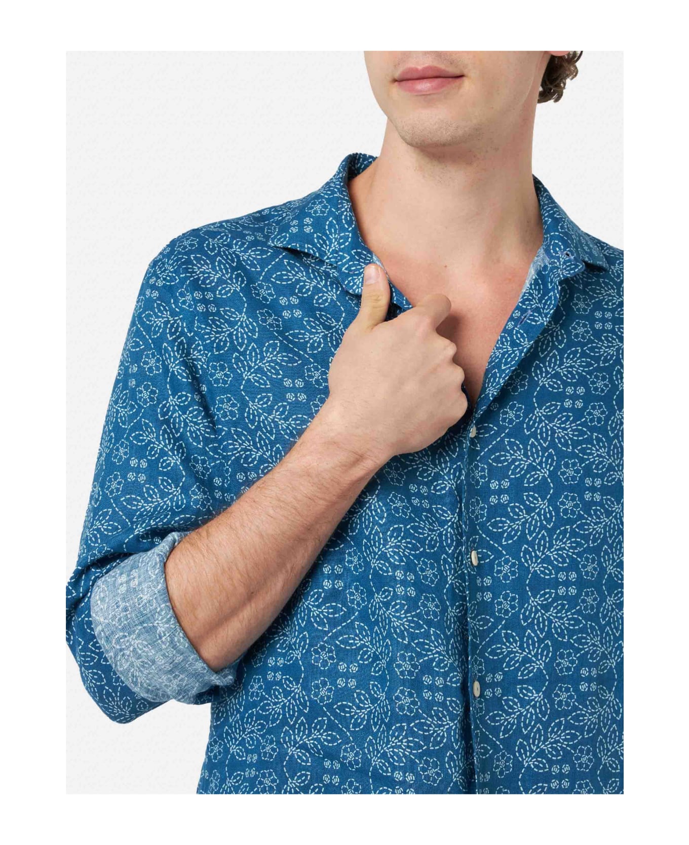 MC2 Saint Barth Navy Blue Linen Shirt Pamplona With Sashiko Print - BLUE
