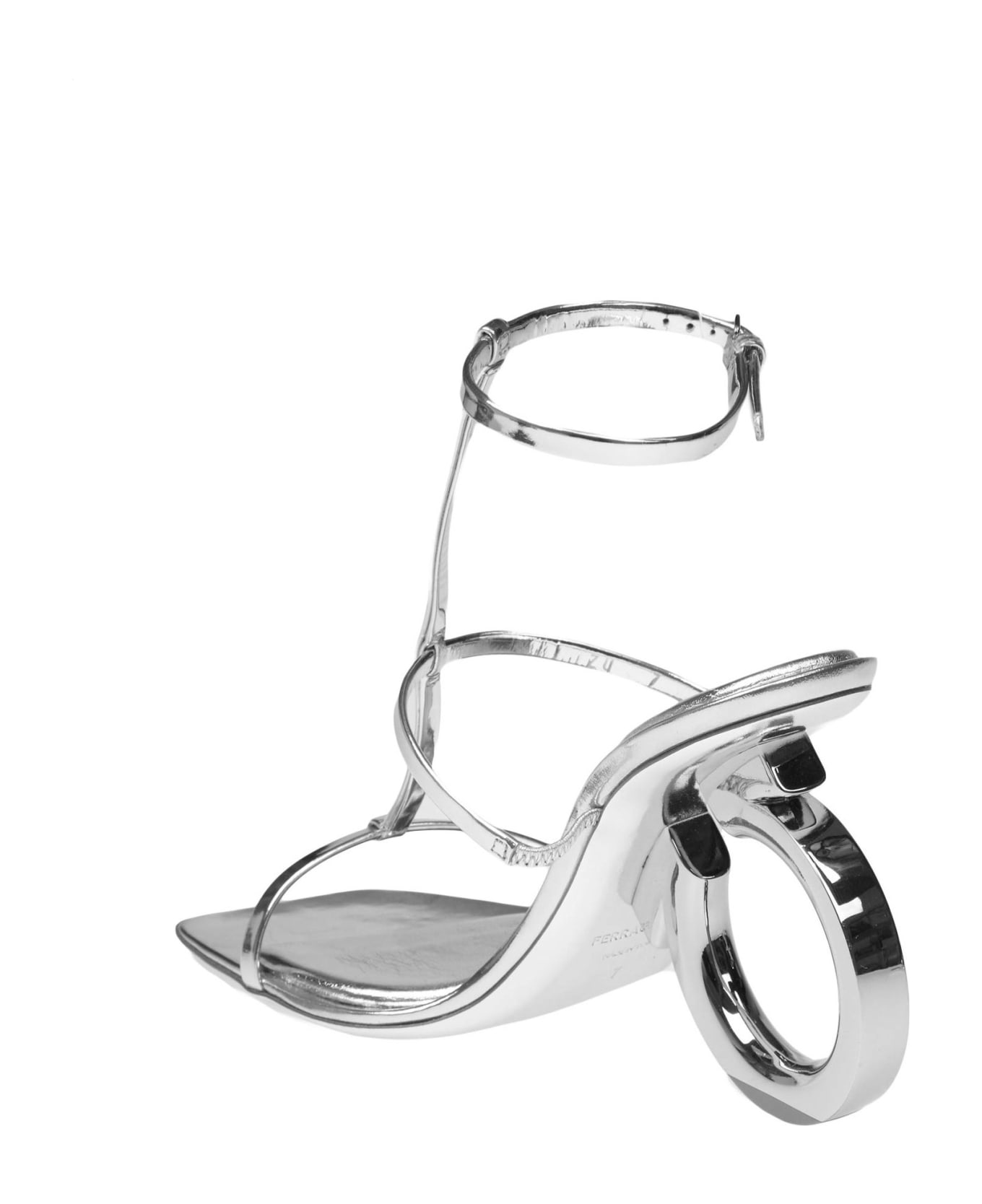 Ferragamo Elina Sandal In Painted Leather With Gancini Heel - Silver アクセサリー