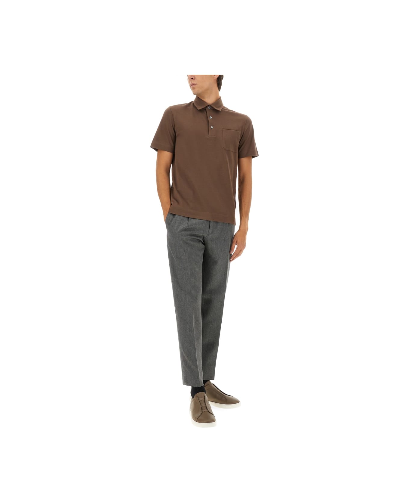 Zegna Cotton Polo Shirt With Pocket - BROWN