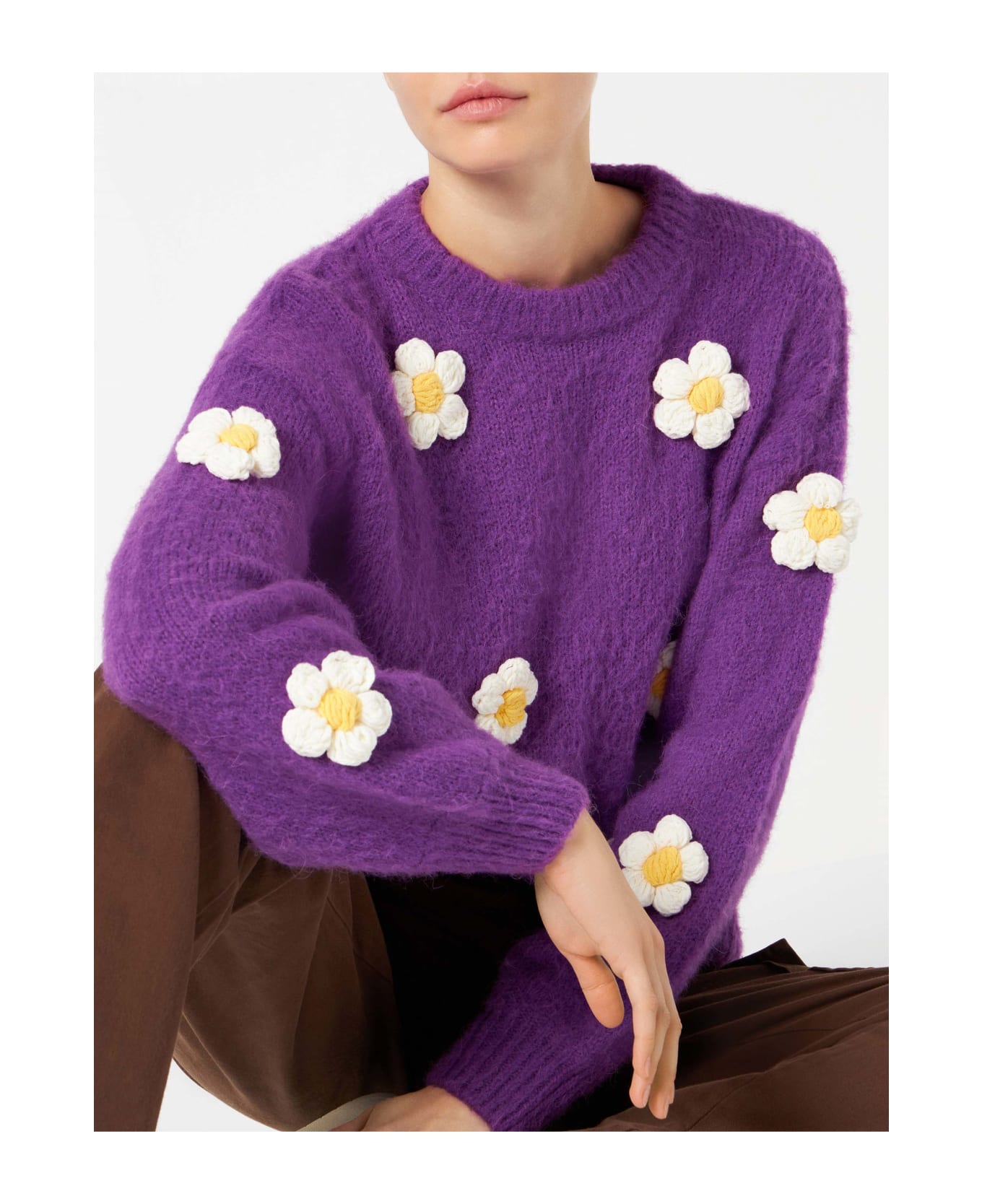 MC2 Saint Barth Woman Brushed Crewneck Sweater With Daisy Appliqué - PURPLE