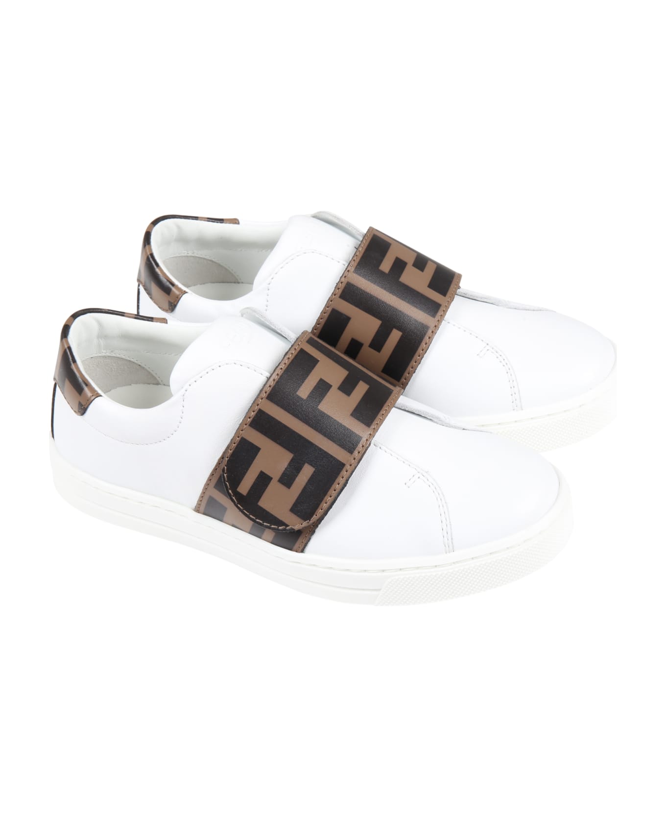 Fendi White Sneakers For Kids With Iconic Brown Pattern - White
