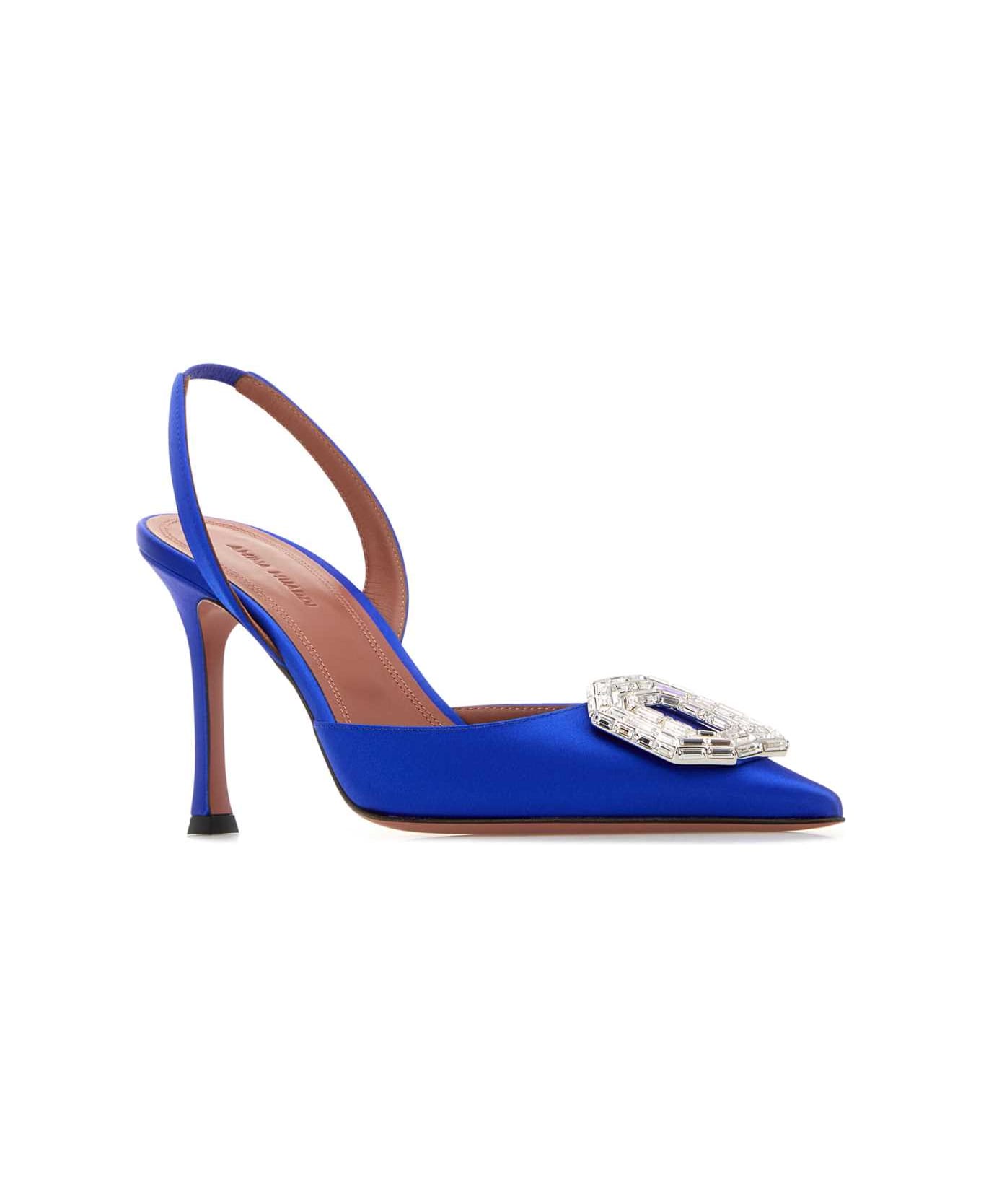 Amina Muaddi Electric Blue Satin Camelia Pumps - ELEBLUWHT
