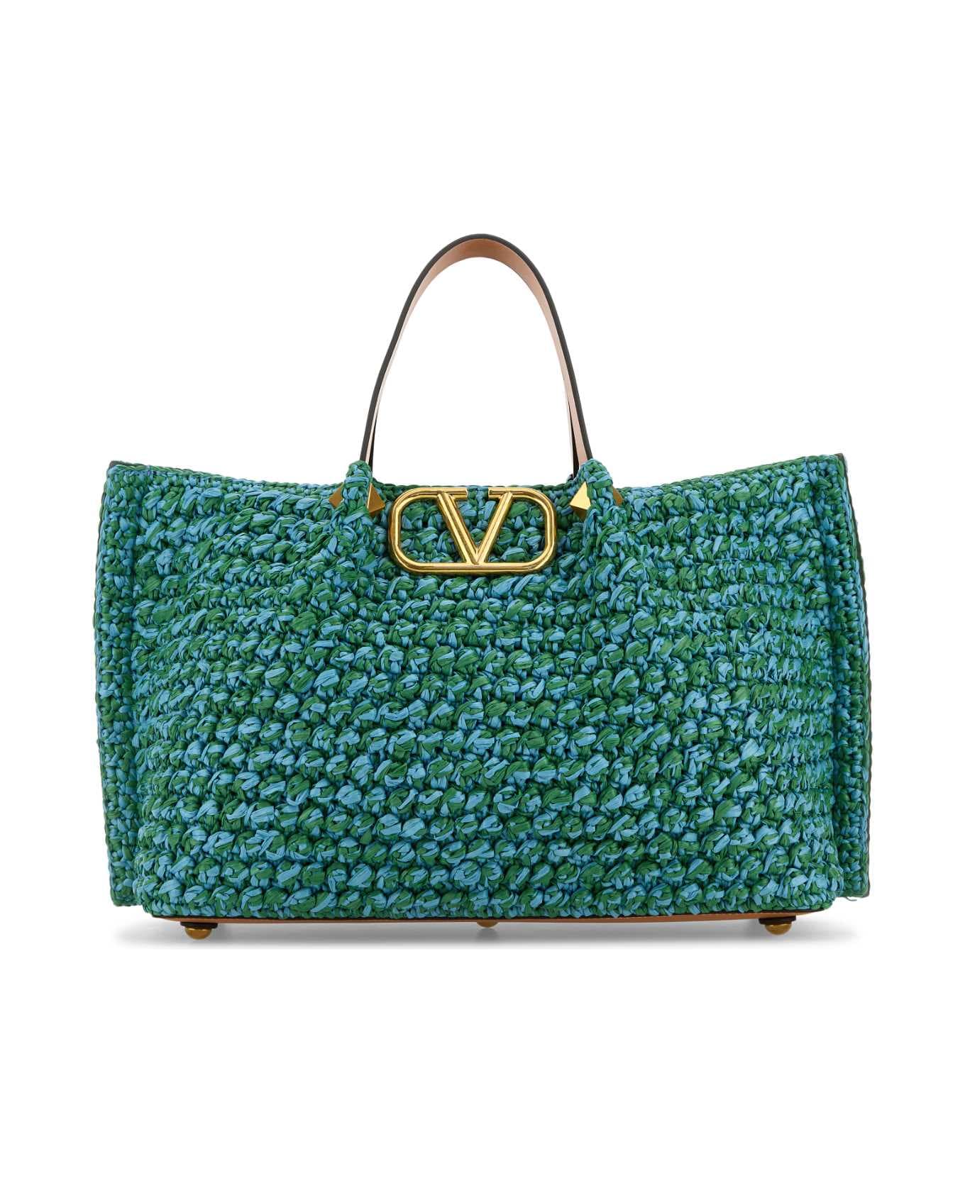 Valentino Garavani Two-tone Raffia Medium Shopping Bag - VERDEAZZURRONATURALCAMELHBLUBGRAS
