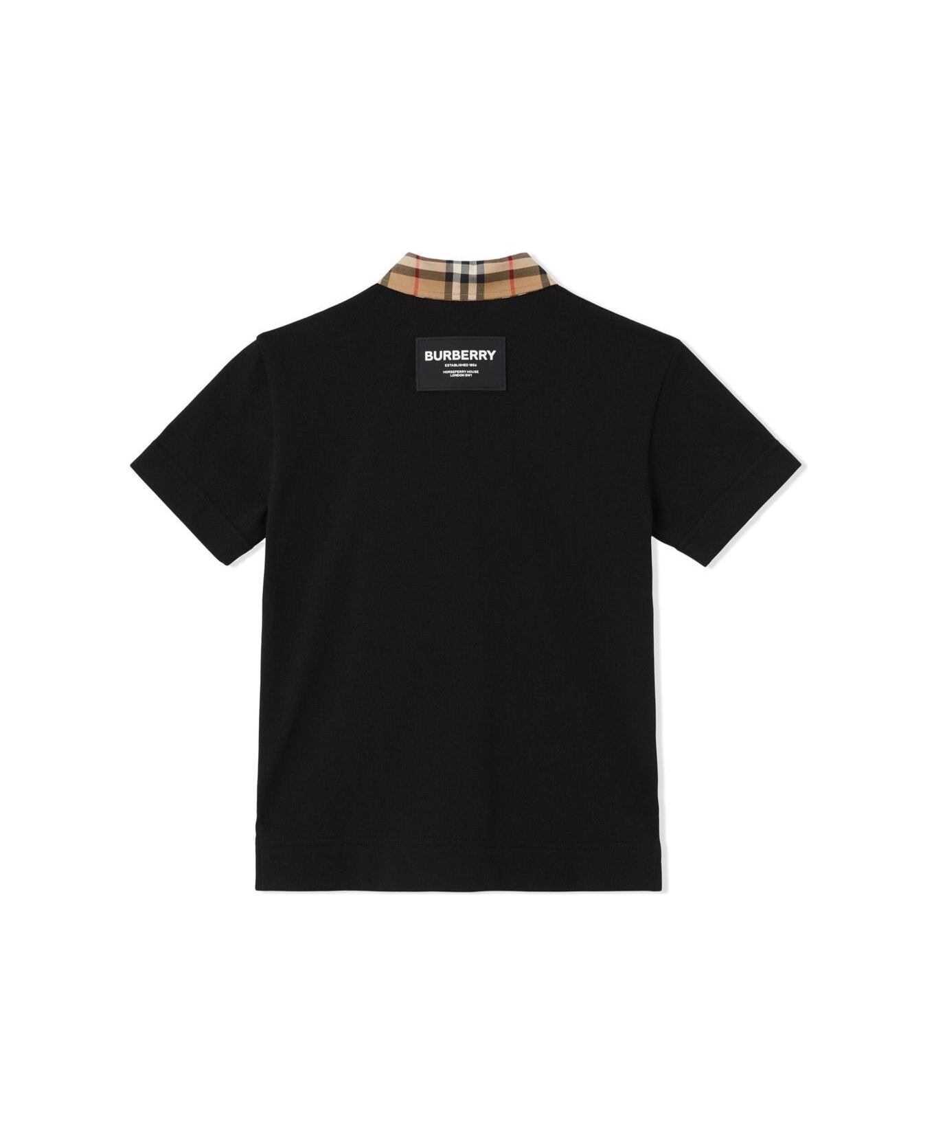 Burberry Black Polo T-shirt With Vintage Check Motif In Cotton Baby - Black