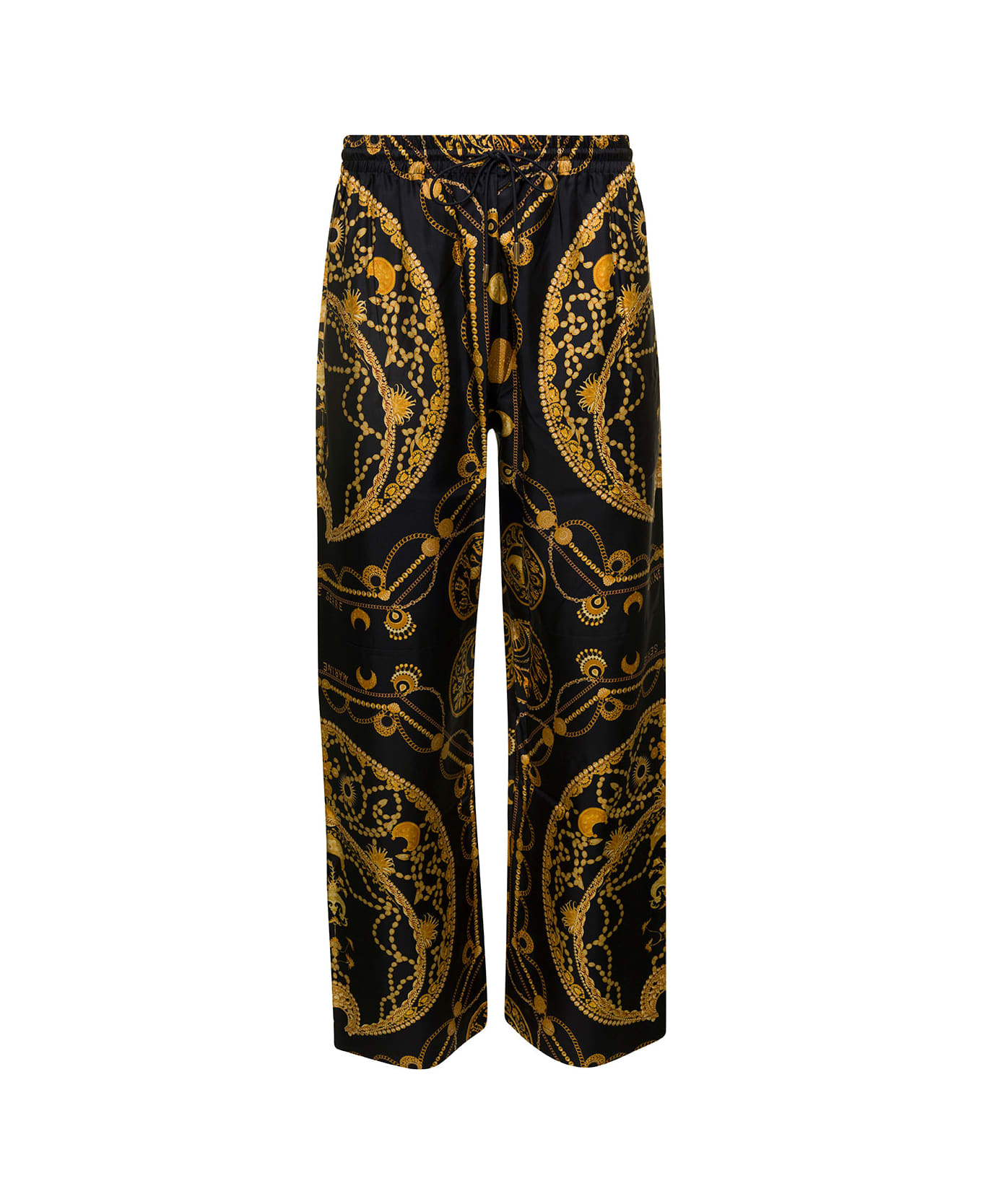 Marine Serre Black Loose Pants With All-over Graphic Print In Silk Man - Black