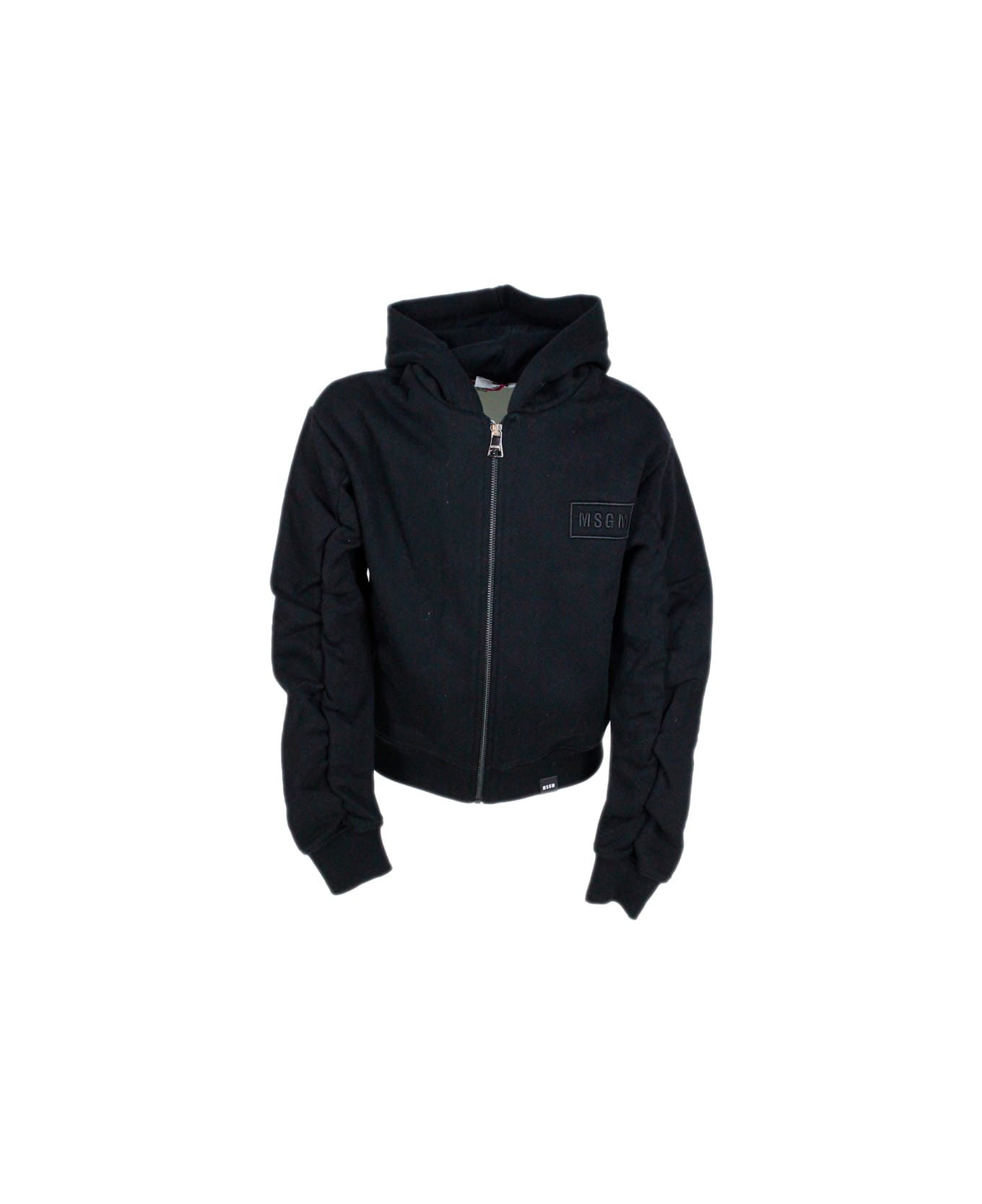 MSGM Cotton Sweatshirt With Hood With Side Pockets, Zip Closure And Writing - Black ニットウェア＆スウェットシャツ