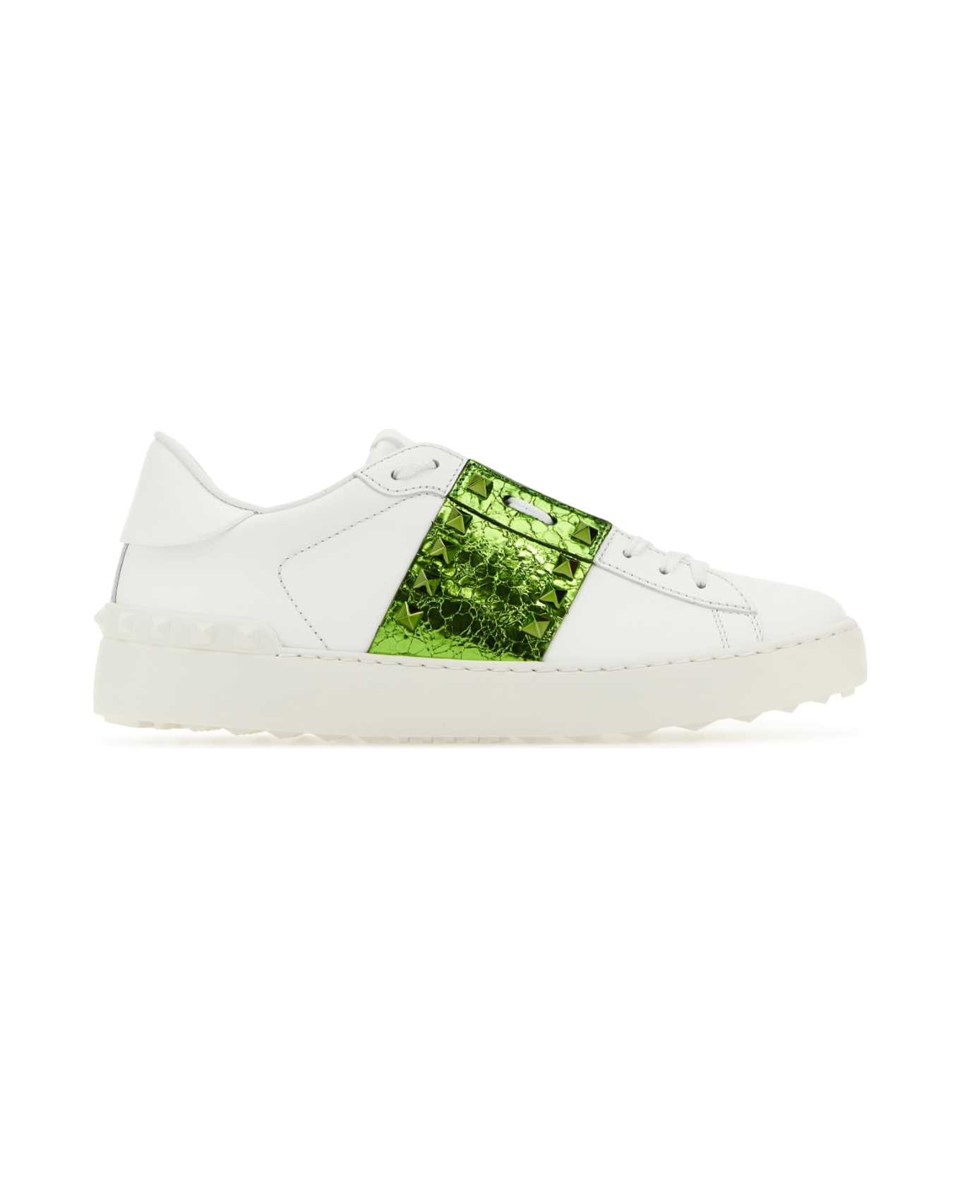 Valentino Garavani White Leather Rockstud Untitled Sneakers With Grass Green Band - BIACHABIA スニーカー