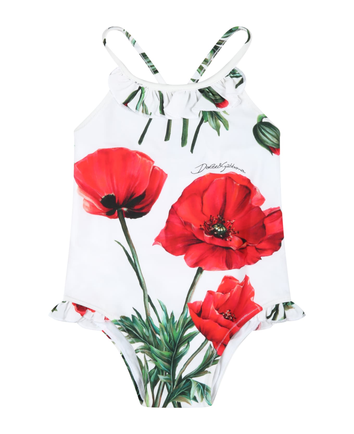 Dolce & Gabbana White Swimsuit For Baby Girl With Poppies And Logo - Bianco
