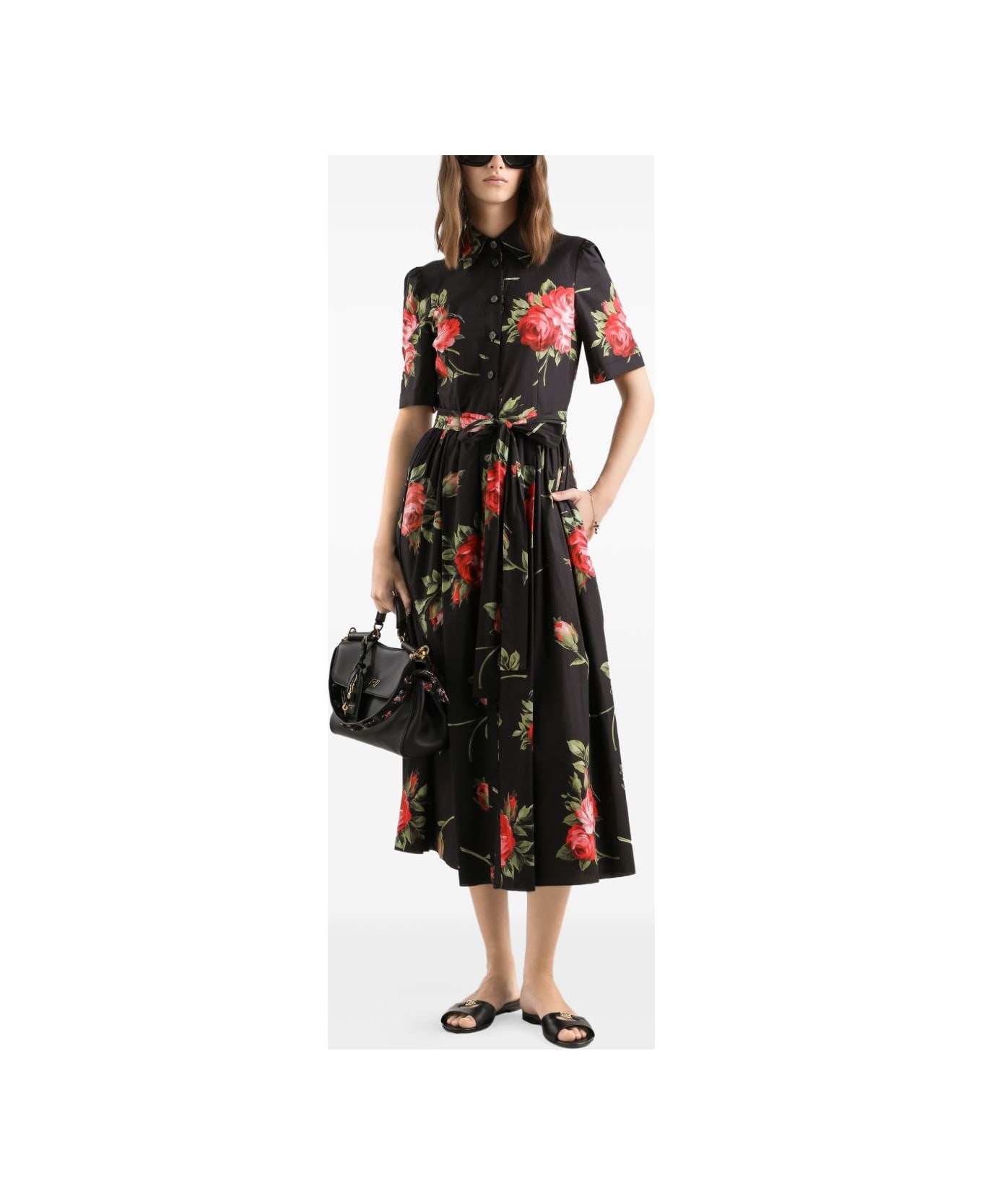 Dolce & Gabbana Roses Bouquet Print Midi Dress - Black