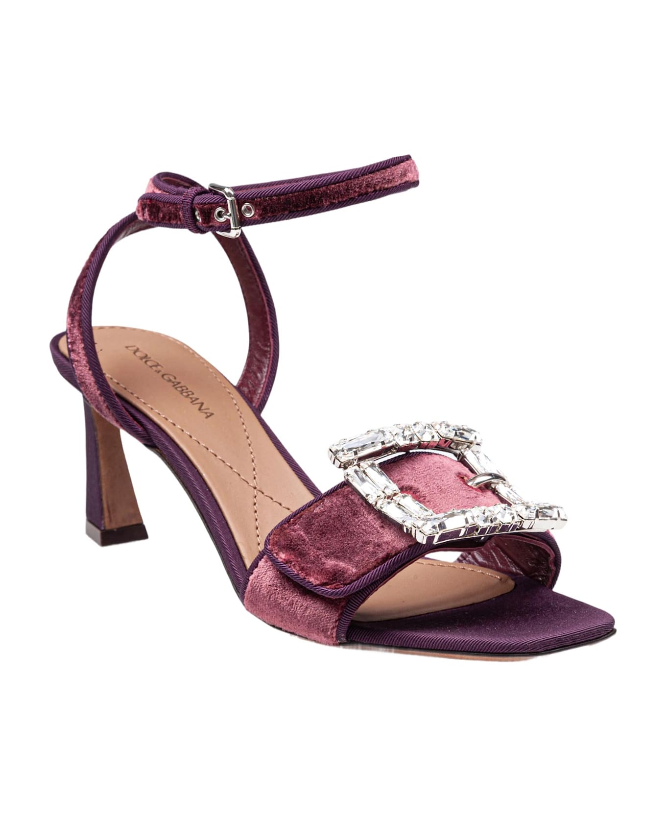 Dolce 
Gabbana Velvet Sandal In Vinacca Color With Buckle With Stones - Multicolor