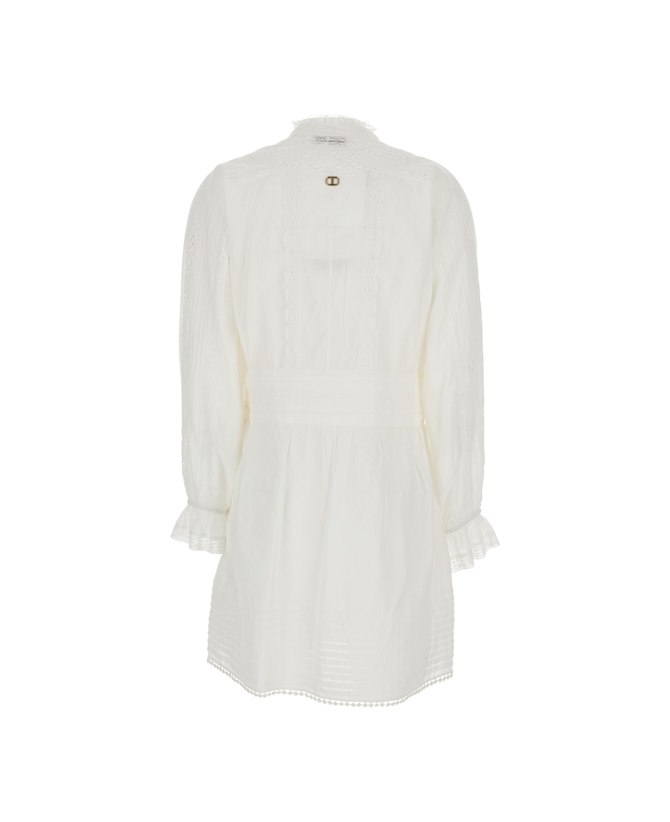 TwinSet White Dress With Pleated Details And All-over Applied Embroidery In Cotton Woman - White