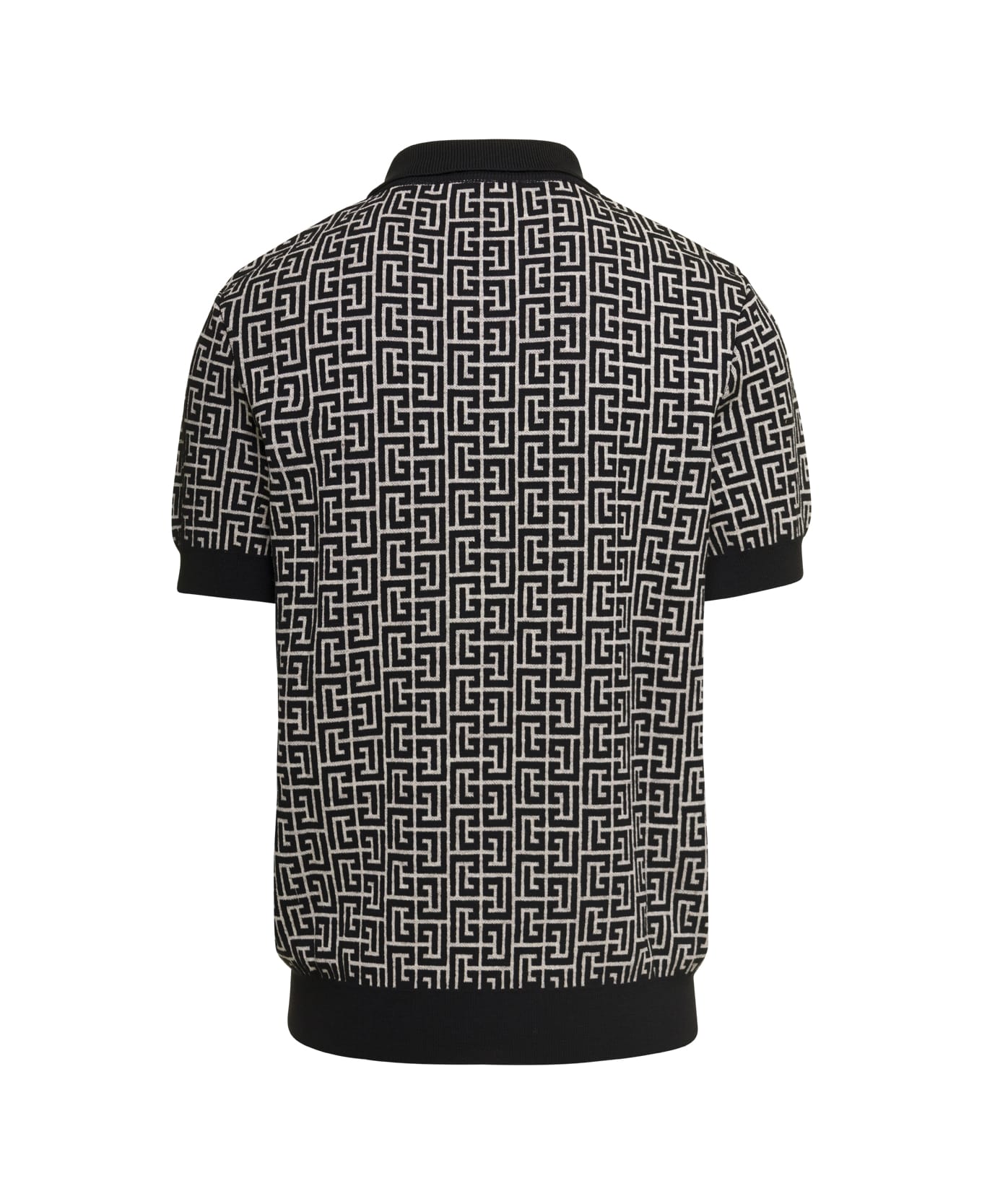 Balmain Black Pb Monogram Jacquard Polo Shirt In Wool And Linen Man Balmain - Grey