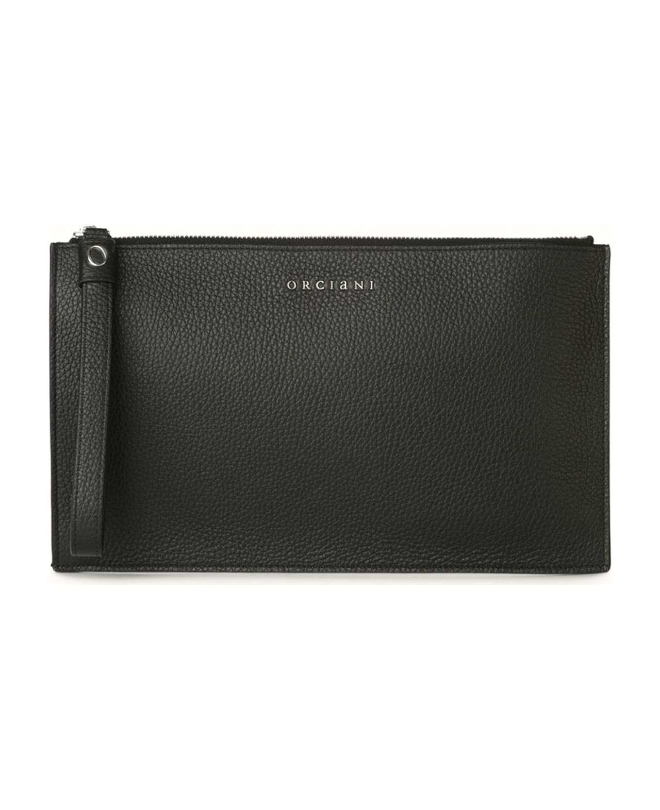 Orciani Micron Large Leather Pouch With Wristband - Nero
