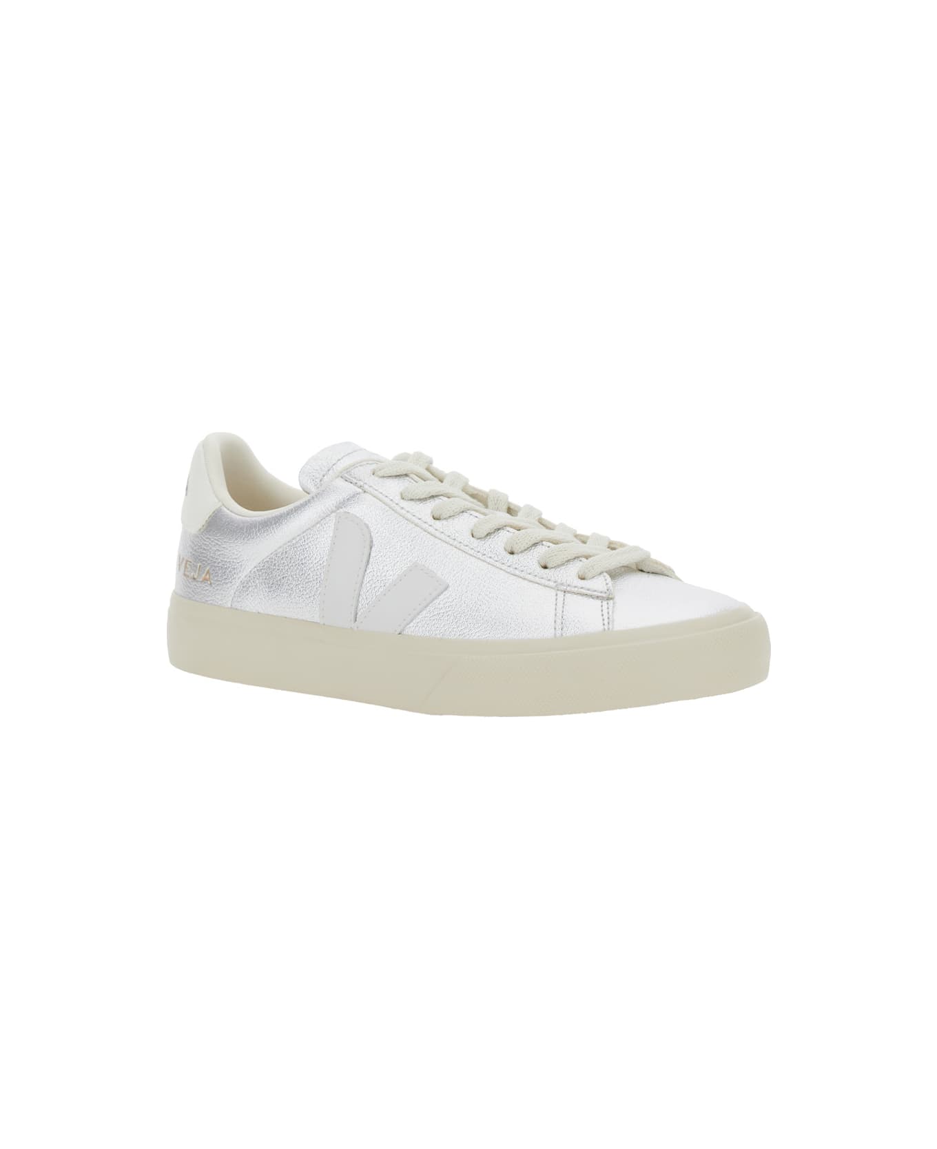 Veja 'campo' Metallic Low Top Sneakers With Logo Detail On The Side And Logo Lettering On The Heel In Leather Unisex - Argento