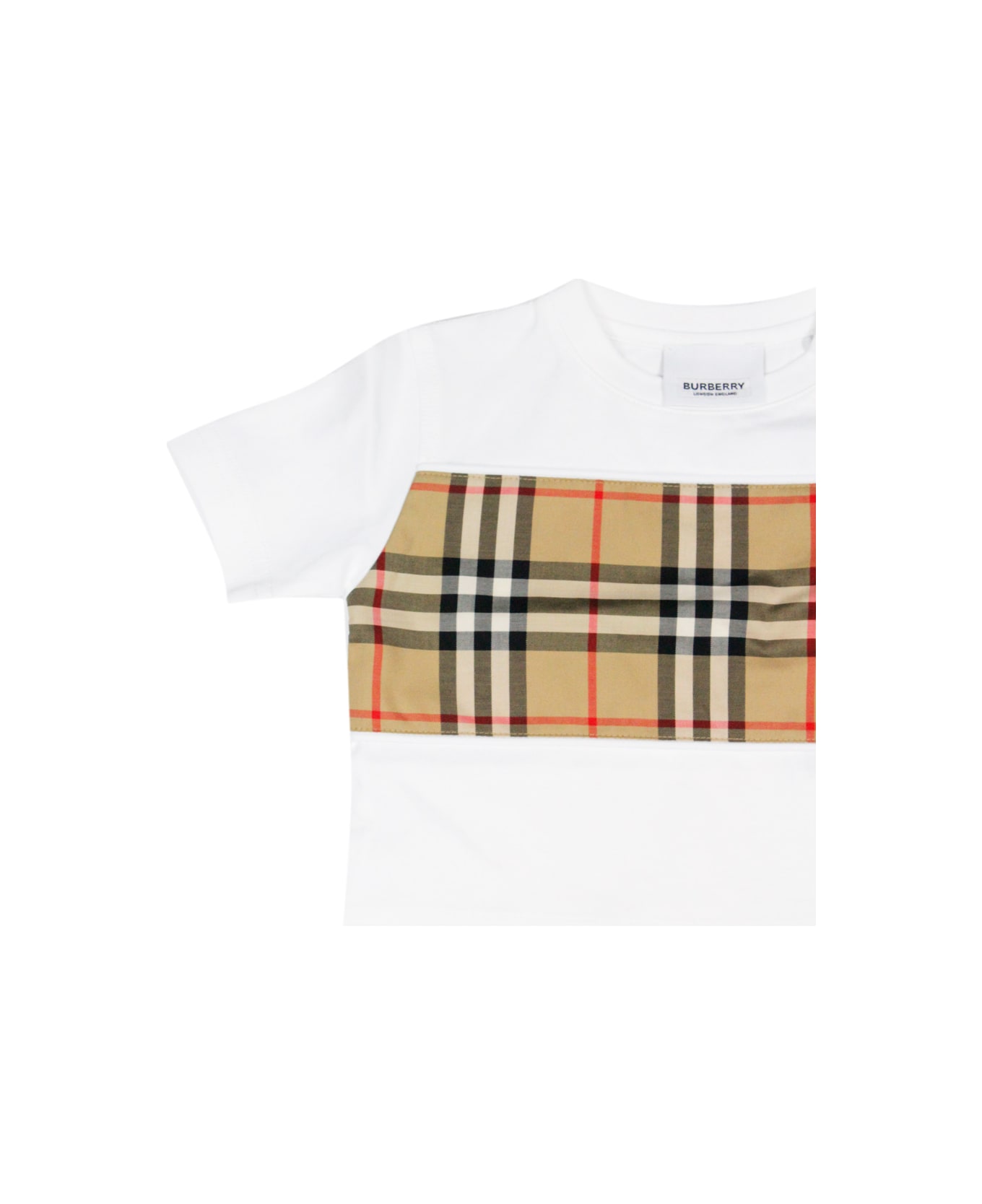 Burberry Crew Neck T-shirt With Buttons On The Neck In Cotton Jersey With Classic Check Motif Application On The Front - White