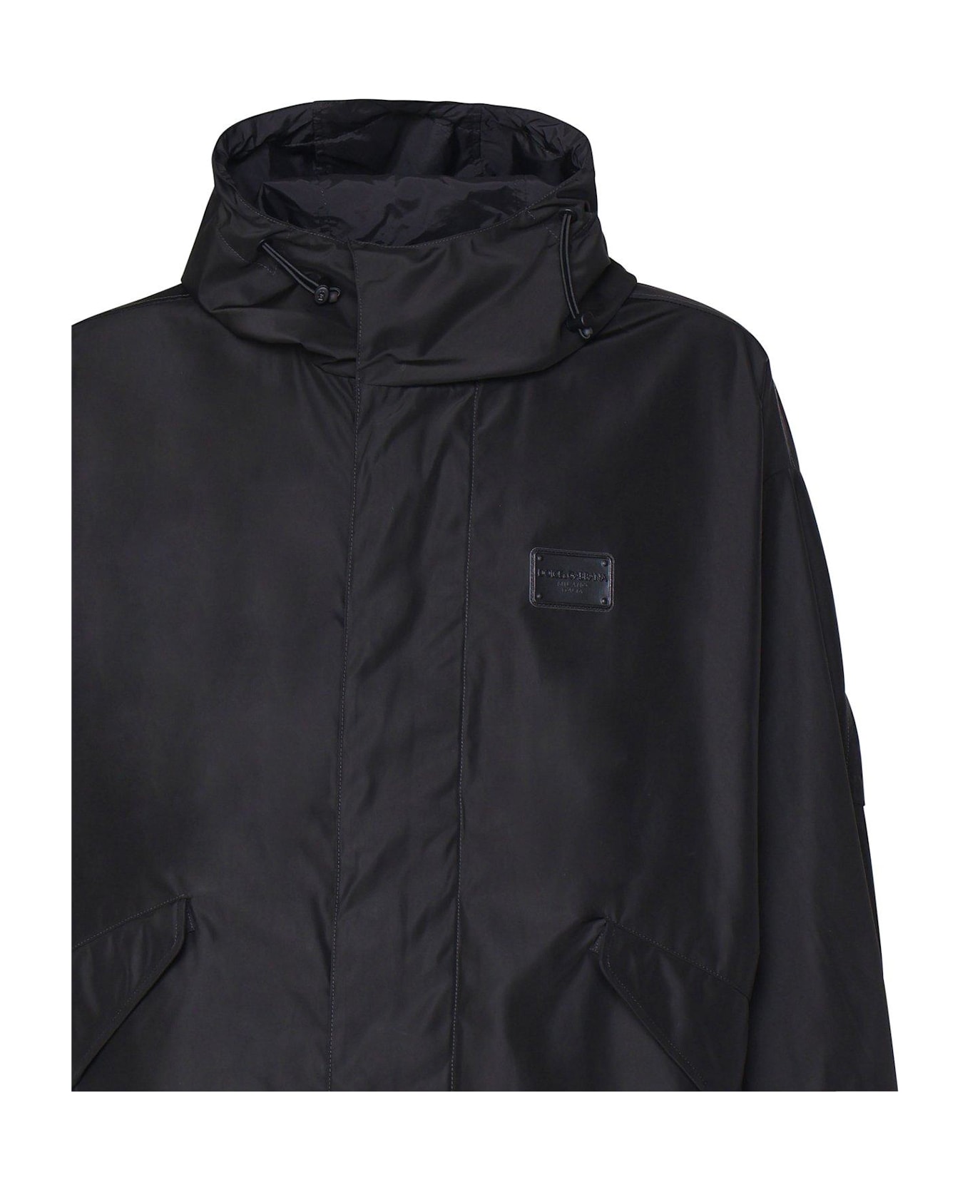 Dolce & Gabbana Logo Patch Hooded Coat - Black