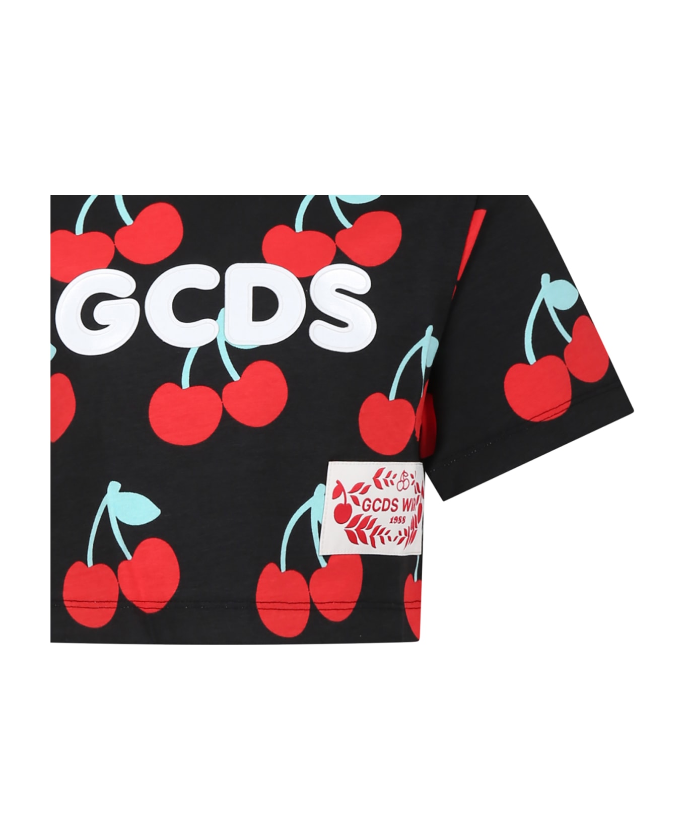 GCDS Mini Black T-shirt For Girl With All-over Cherry Print - Black