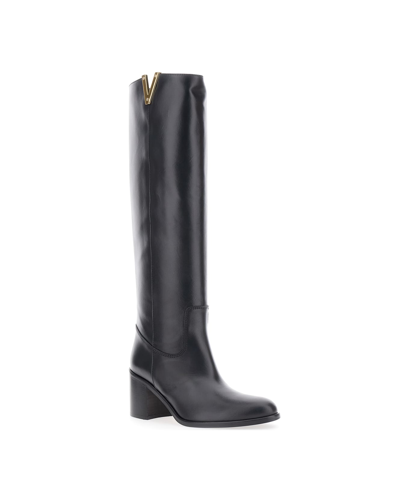Via Roma 15 Black Knee-high Boots With Cut-out On The Side And Logo Plaque In Leather Woman - Black