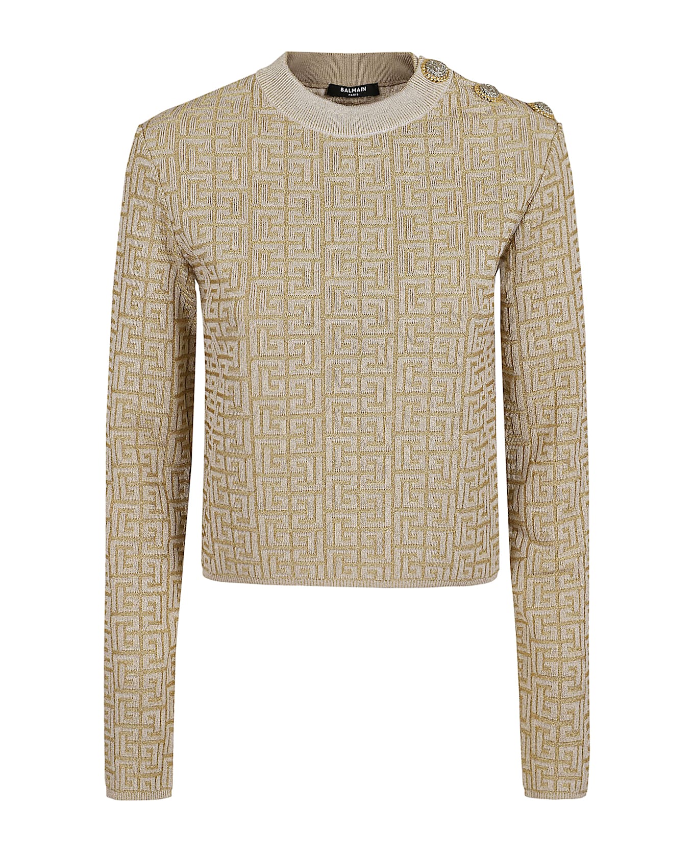 Balmain Ls Glittered Monogram Knit Top - Gfm Beige Or