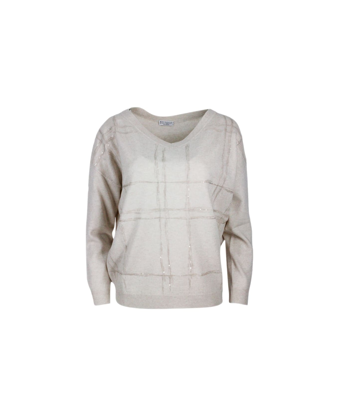 Brunello Cucinelli V-neck Long-sleeved Oversized Sweater With Window Motif Embellished With Micro-sequins - Beige