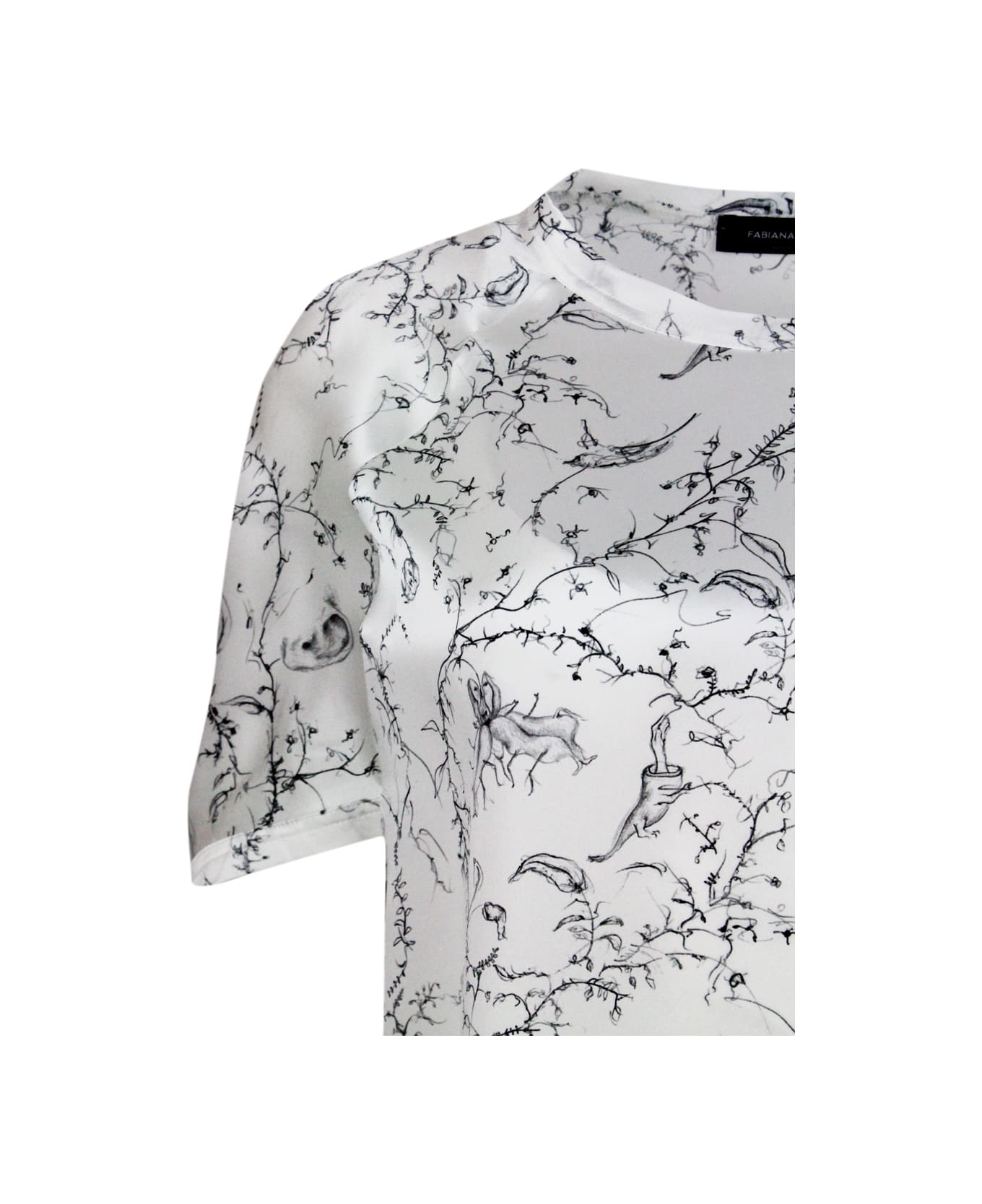 Fabiana Filippi Crew-neck, Short-sleeved, Oversized Silk Shirt With Branch Patterned Print - White