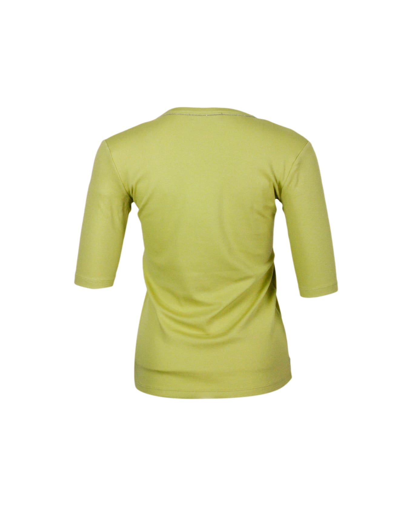 Fabiana Filippi Ribbed Cotton T-shirt With U-neck, Elbow-length Sleeves Embellished With Rows Of Monili On The Neck And Sides - Lime