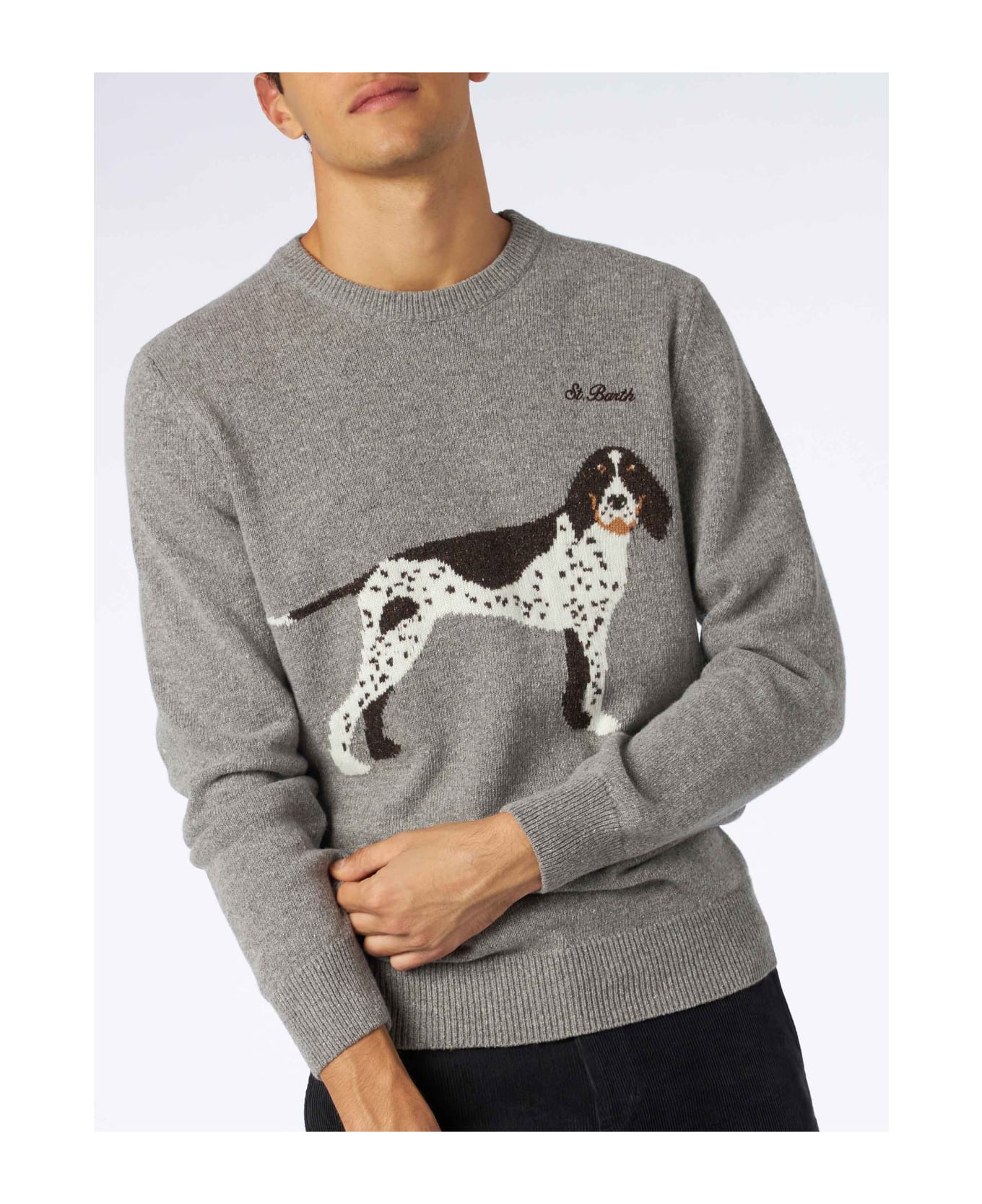 MC2 Saint Barth Man Crewneck Donegal Sweater With Country Dog Jacquard - GREY